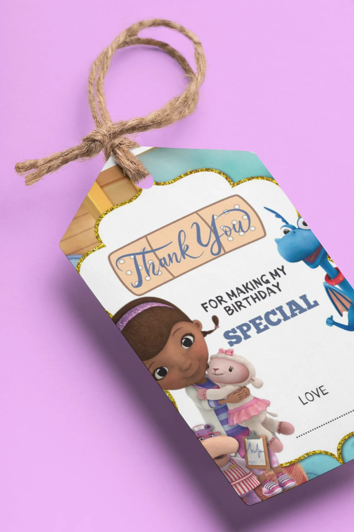 Doc McStuffins Theme Birthday Favour Tags (2 x 3.5 inches/250 GSM Cardstock/Mixcolour/30Pcs) - Premium Handcrafted 300 GSM Thank You Cards by Party Decor Mall India - View 1