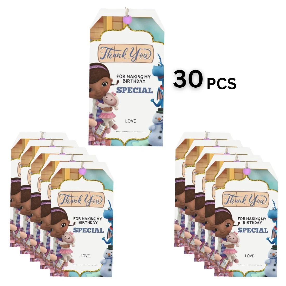 Doc McStuffins Theme Birthday Favour Tags (2 x 3.5 inches/250 GSM Cardstock/Mixcolour/30Pcs) - Premium Handcrafted 300 GSM Thank You Cards by Party Decor Mall India - View 3