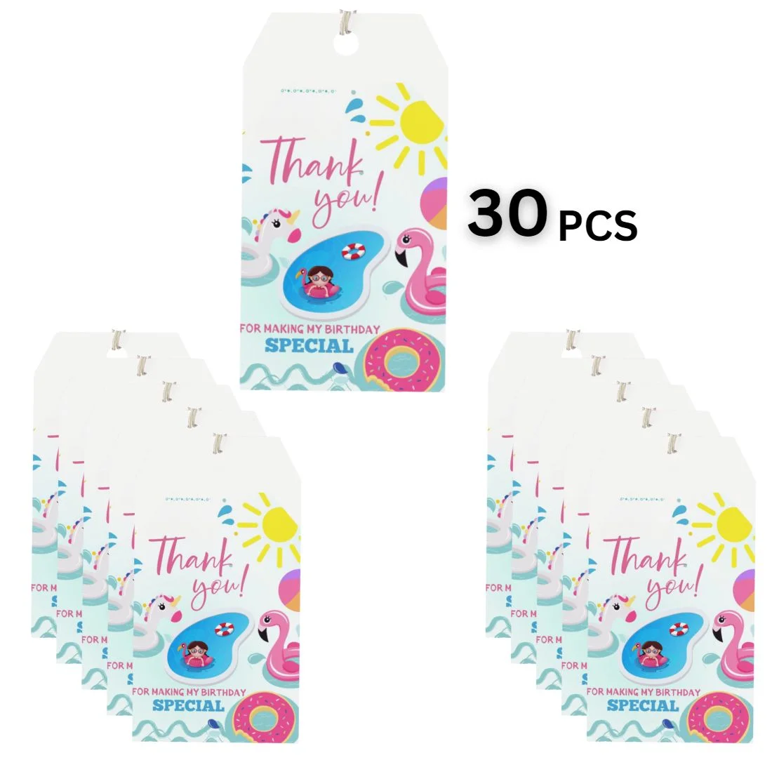 Pool Party Theme Birthday Favour Tags (2 x 3.5 inches/250 GSM Cardstock/Mixcolour/30Pcs) - Premium Handcrafted 300 GSM Thank You Cards by Party Decor Mall India - View 3