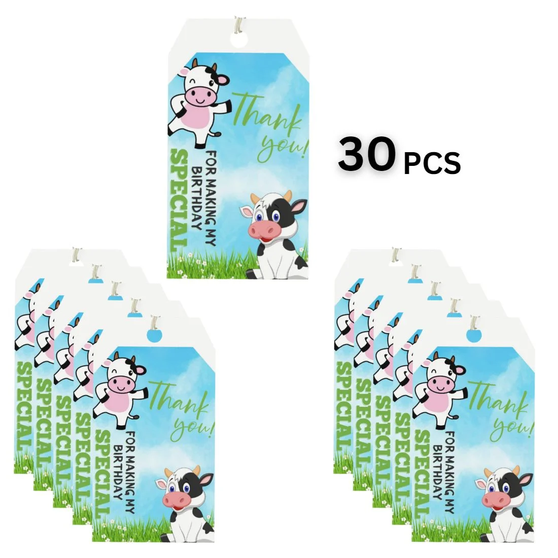 Cow Theme Birthday Favour Tags (2 x 3.5 inches/250 GSM Cardstock/Mixcolour/30Pcs) - Premium Handcrafted 300 GSM Thank You Cards by Party Decor Mall India - View 3