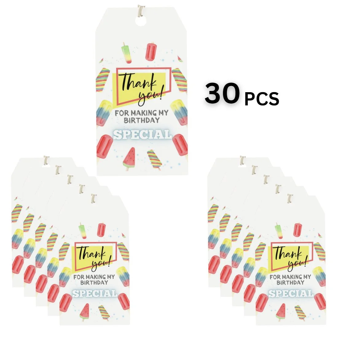 Ice Cream Theme Birthday Favour Tags (2 x 3.5 inches/250 GSM Cardstock/Mixcolour/30Pcs) - Premium Handcrafted 300 GSM Thank You Cards by Party Decor Mall India - View 3