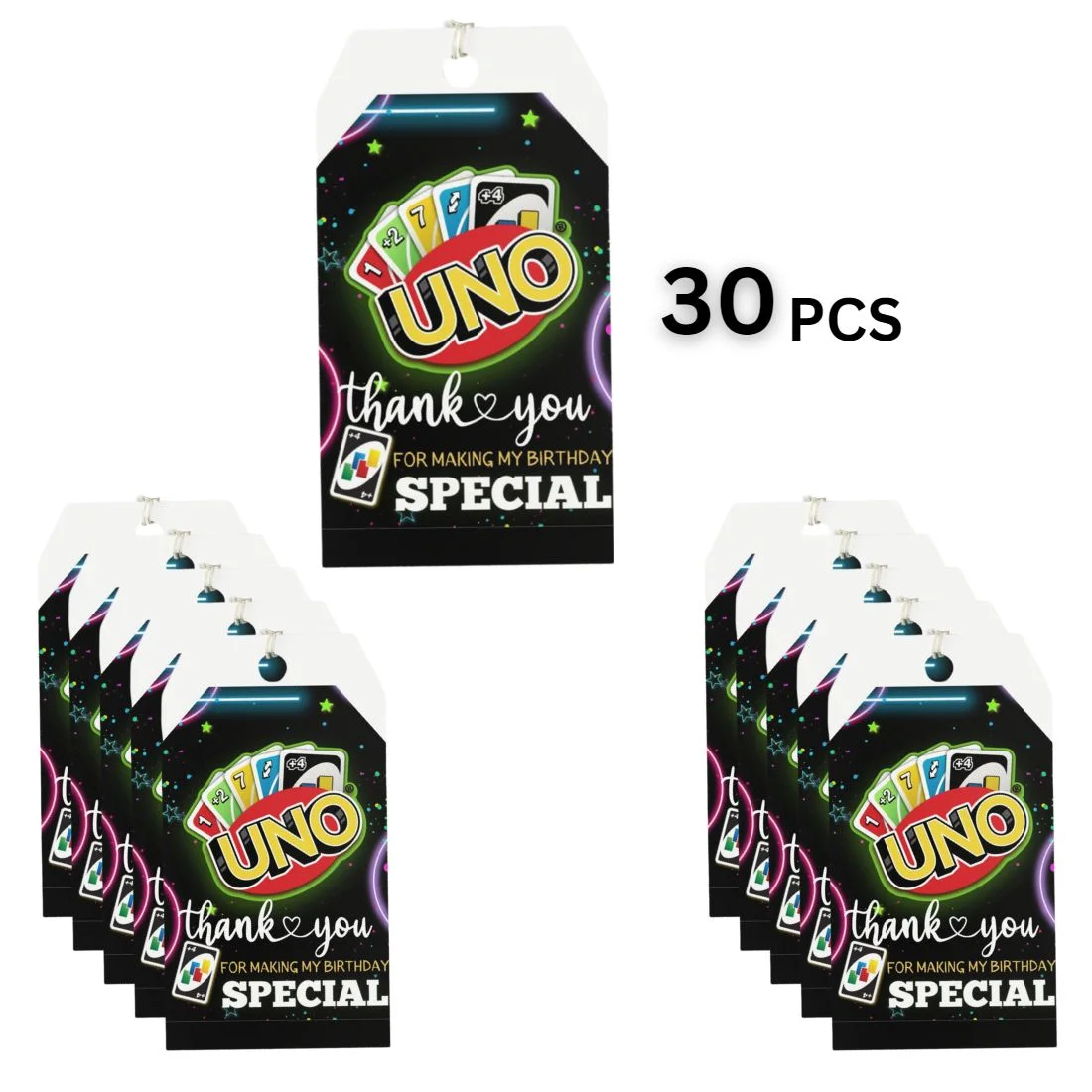 Uno Card Theme Birthday Favour Tags (2 x 3.5 inches/250 GSM Cardstock/Mixcolour/30Pcs) - Premium Handcrafted 300 GSM Thank You Cards by Party Decor Mall India - View 3