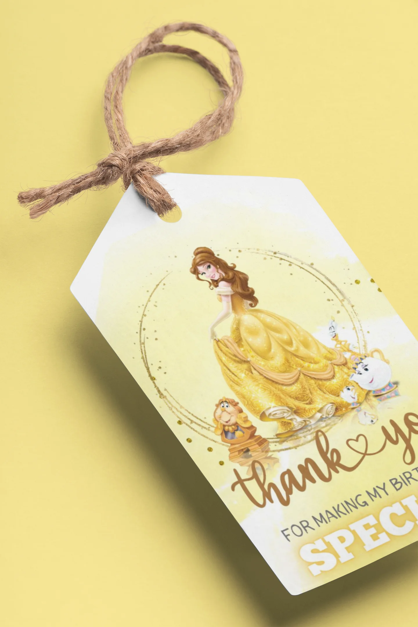 Belle Princess Theme Birthday Favour Tags (2 x 3.5 inches/250 GSM Cardstock/Yellow, Brown, & White/30Pcs)