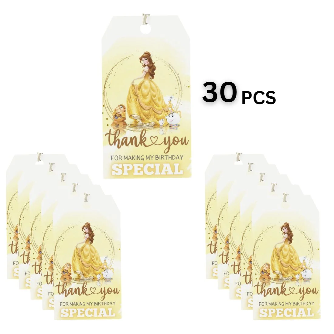 Belle Princess Theme Birthday Favour Tags (2 x 3.5 inches/250 GSM Cardstock/Yellow, Brown, & White/30Pcs) - Premium Handcrafted 300 GSM Thank You Cards by Party Decor Mall India - View 3