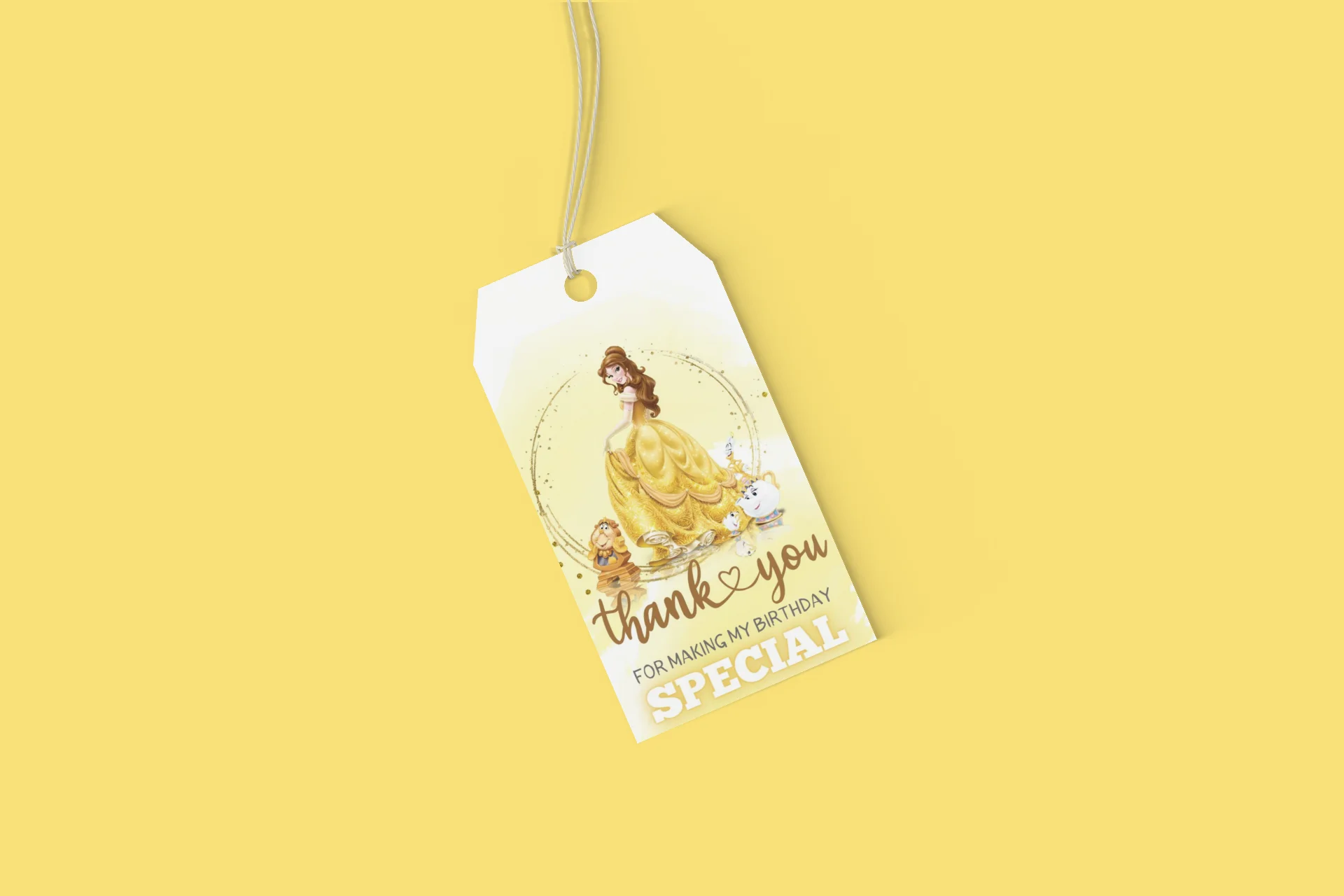 Belle Princess Theme Birthday Favour Tags (2 x 3.5 inches/250 GSM Cardstock/Yellow, Brown, & White/30Pcs) - Premium Handcrafted 300 GSM Thank You Cards by Party Decor Mall India - View 8