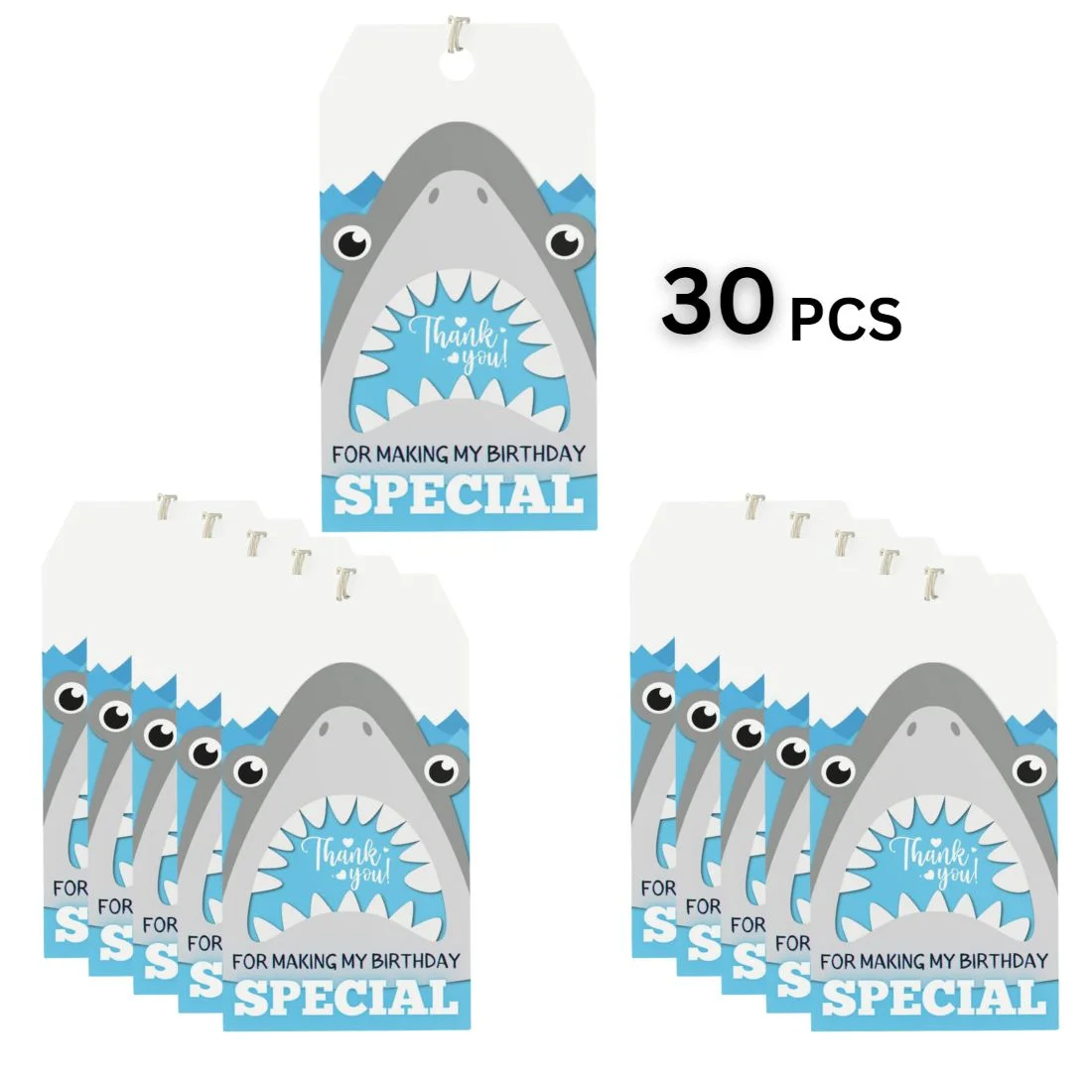 Shark Theme Birthday Favour Tags (2 x 3.5 inches/250 GSM Cardstock/Gray, White, Light Blue, Black/30Pcs) - Premium Handcrafted 300 GSM Thank You Cards by Party Decor Mall India - View 3