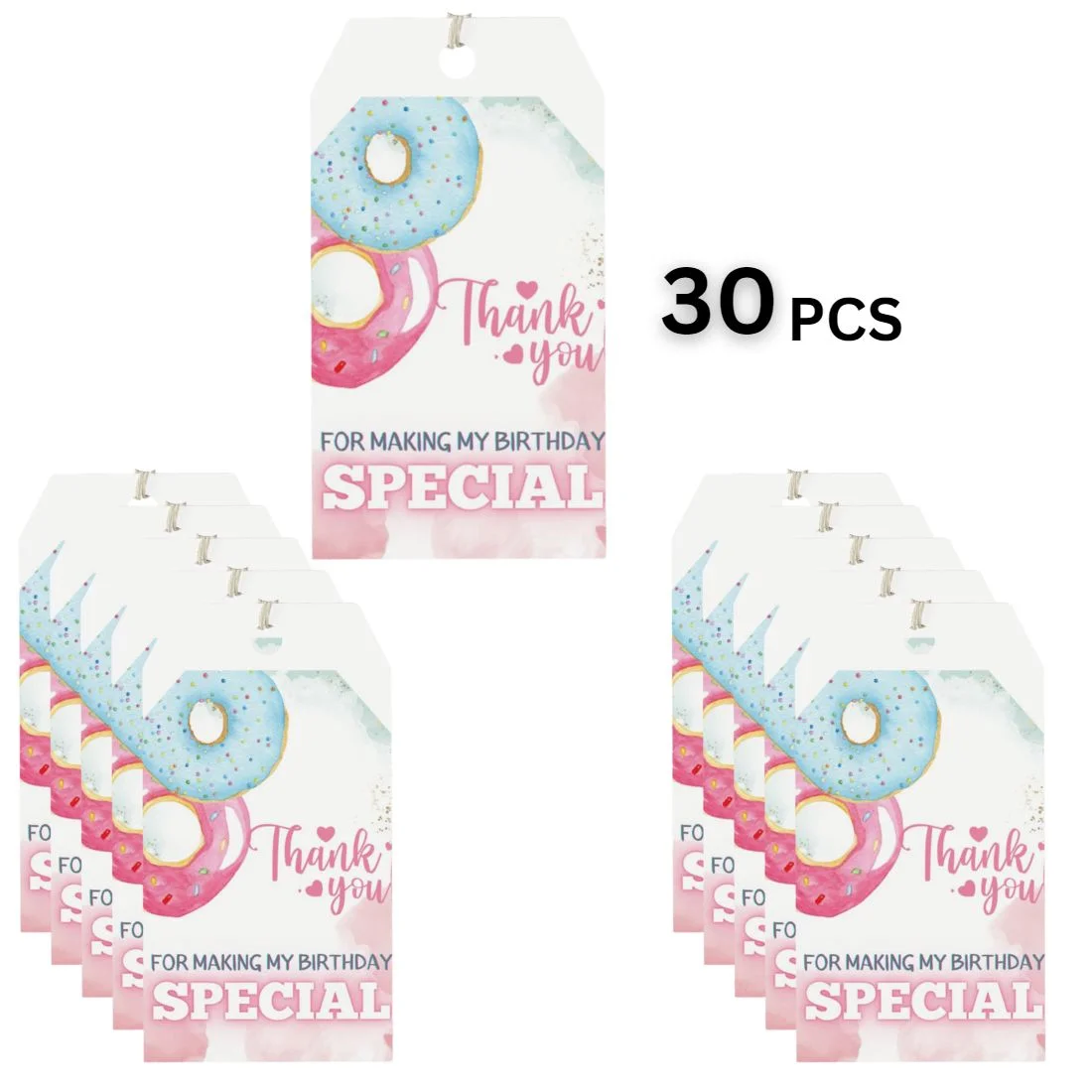Doughnut Theme Model 2 Birthday Favour Tags (2 x 3.5 inches/250 GSM Cardstock/Mixcolour/30Pcs) - Premium Handcrafted 300 GSM Thank You Cards by Party Decor Mall India - View 3