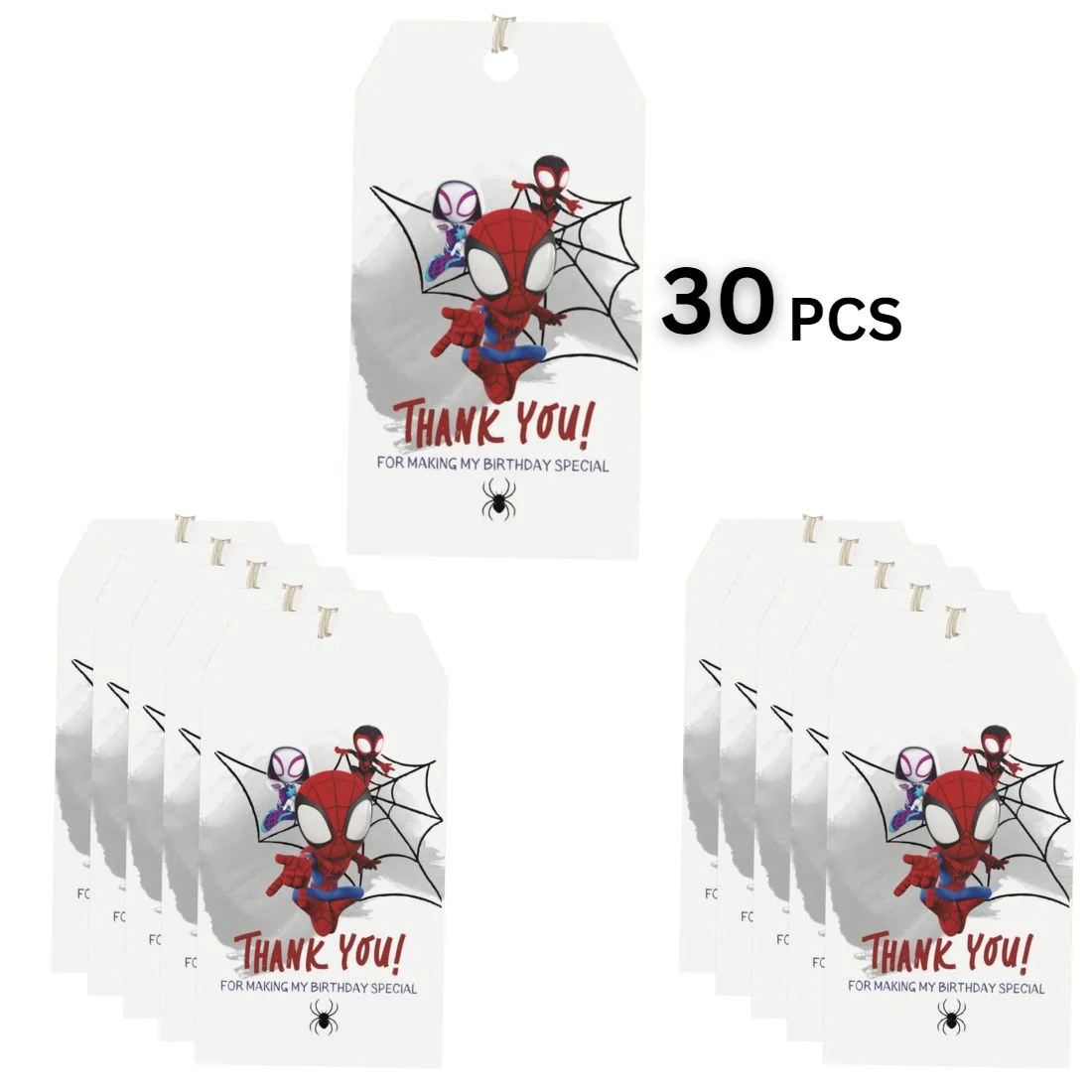 Spider Man Theme Birthday Favour Tags (2 x 3.5 inches/250 GSM Cardstock/Multicolour/30Pcs) - Premium Handcrafted 300 GSM Thank You Cards by Party Decor Mall India - View 3