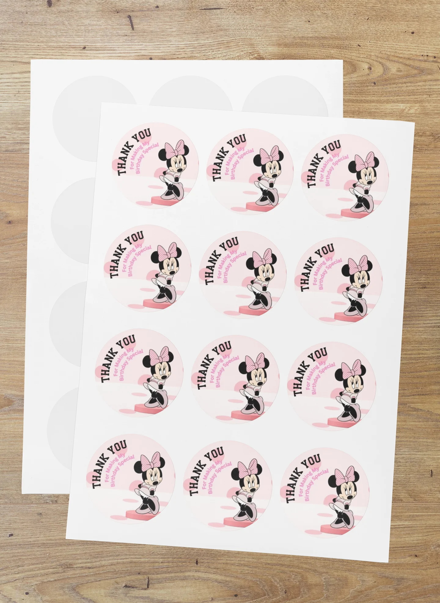Minnie Theme- Return Gift/birthday decor Thankyou Sticker (6 CM/Sticker/Pink, Black, & White/24Pcs) - Premium Handcrafted 300 GSM Return Gift Label Stickers by Party Decor Mall India - View 1
