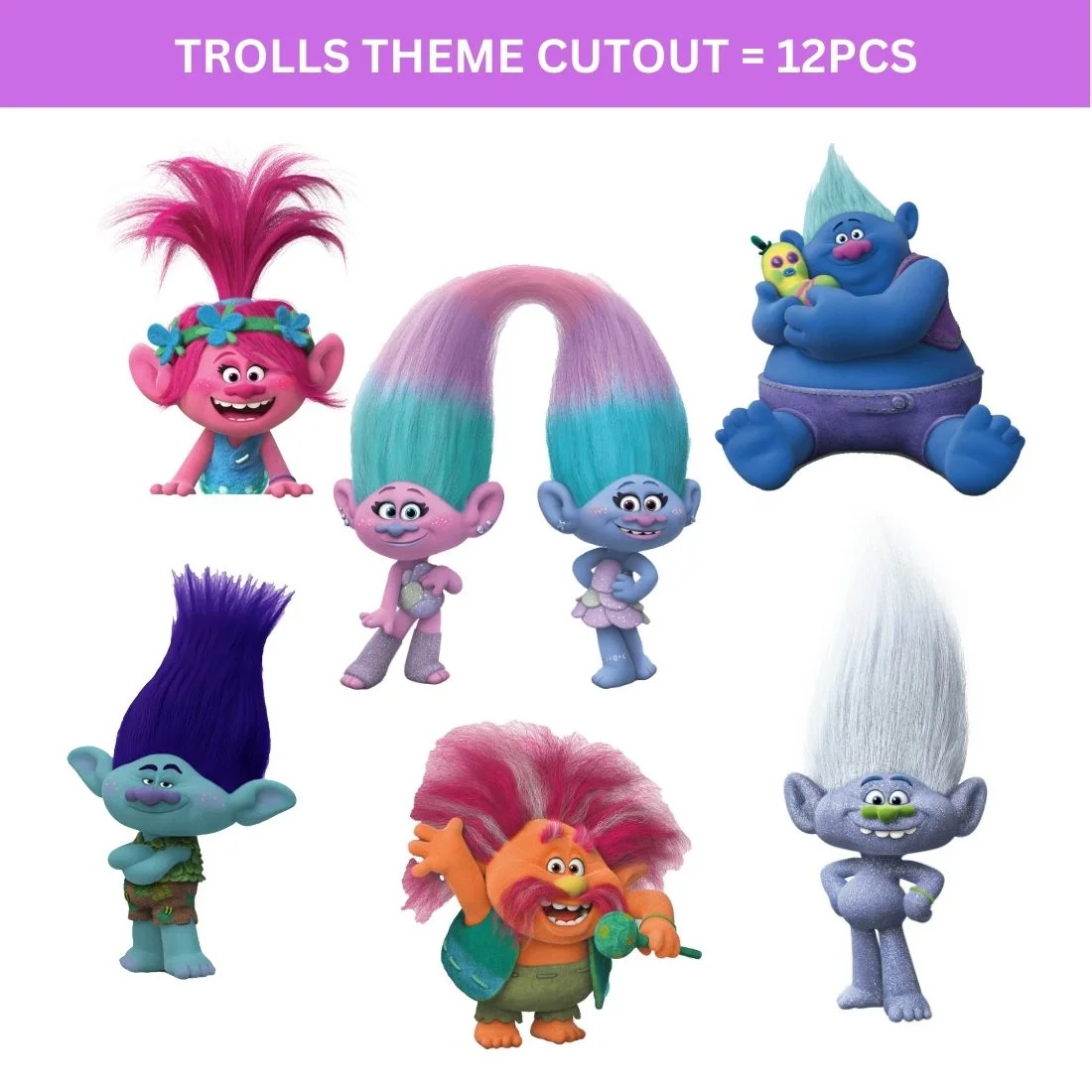 Trolls Theme Cutout (6 inches/250 GSM Cardstock/Mixcolour/12Pcs) - Premium Handcrafted 300 GSM Paper Cutouts by Party Decor Mall India - View 2