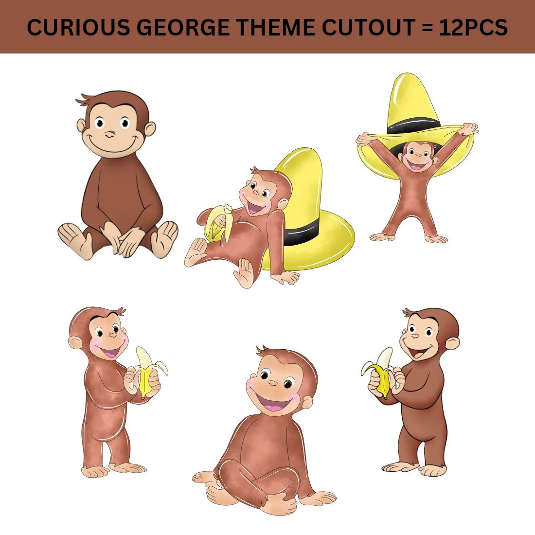 Curious George Theme Cutout (6 inches/250 GSM Cardstock/Mixcolour/12Pcs) - Premium Handcrafted 300 GSM Paper Cutouts by Party Decor Mall India - View 2