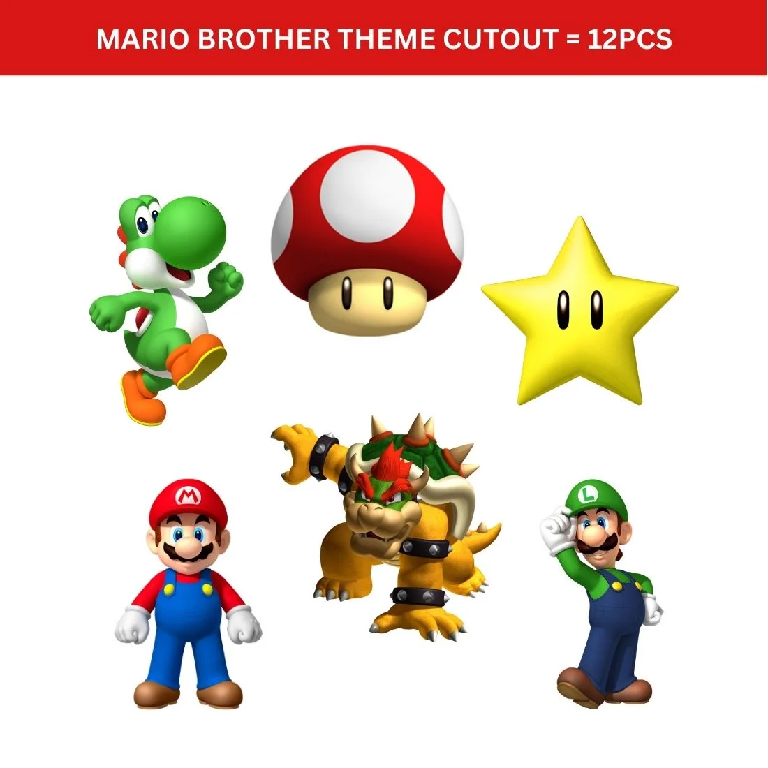Mario Brother Theme Cutout (6 inches/250 GSM Cardstock/Mixcolour/12Pcs) - Premium Handcrafted 300 GSM Paper Cutouts by Party Decor Mall India - View 2