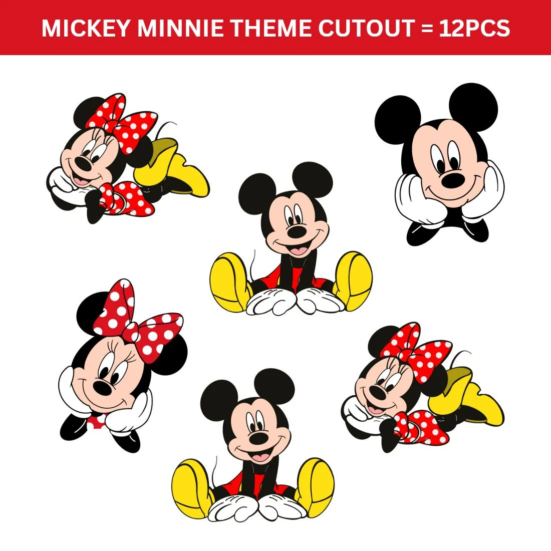 Mickey Minnie Theme Cutout (6 inches/250 GSM Cardstock/Mixcolour/12Pcs) - Premium Handcrafted 300 GSM Paper Cutouts by Party Decor Mall India - View 2