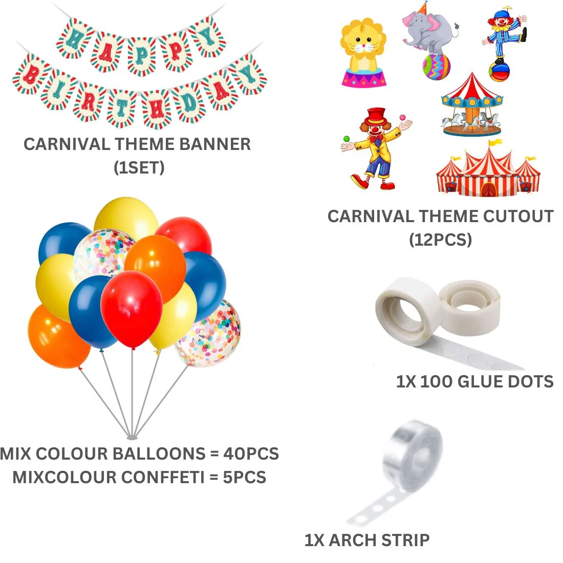 Carnival Theme Model 2 Birthday Kits - (6 Inches/250 GSM Cardstock/Mixcolour/60Pcs) - Premium Handcrafted 300 GSM Party Supply by Party Decor Mall India - View 2