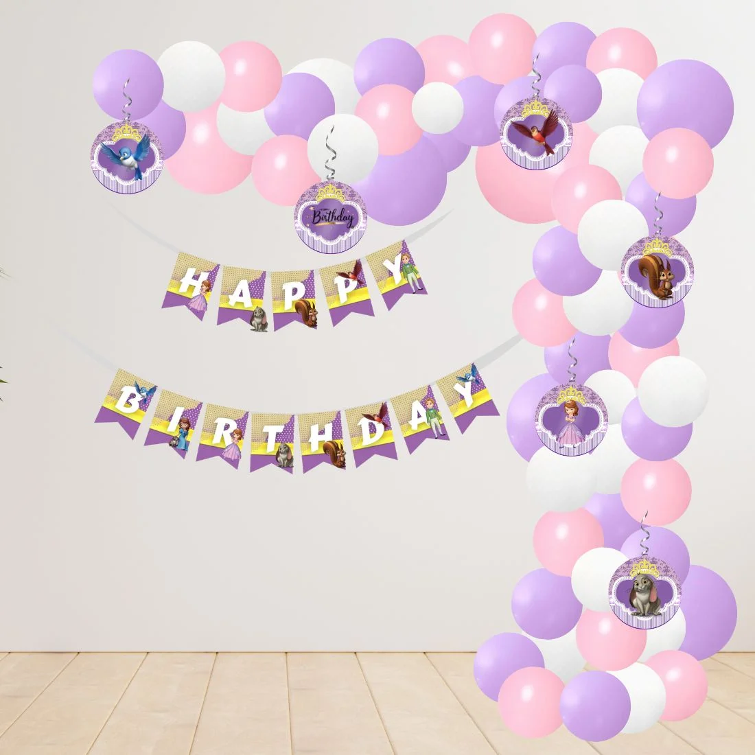 Sofia Theme Model 2 Birthday Kits - (6 Inches/250 GSM Cardstock/Purple , White & Pink/54Pcs) - Premium Handcrafted 300 GSM Party Supply by Party Decor Mall India - View 1
