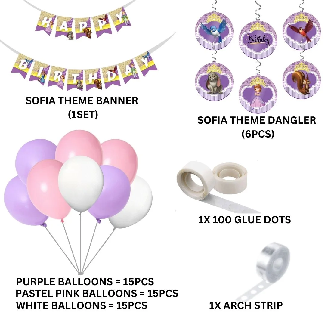 Sofia Theme Model 2 Birthday Kits - (6 Inches/250 GSM Cardstock/Purple , White & Pink/54Pcs) - Premium Handcrafted 300 GSM Party Supply by Party Decor Mall India - View 2