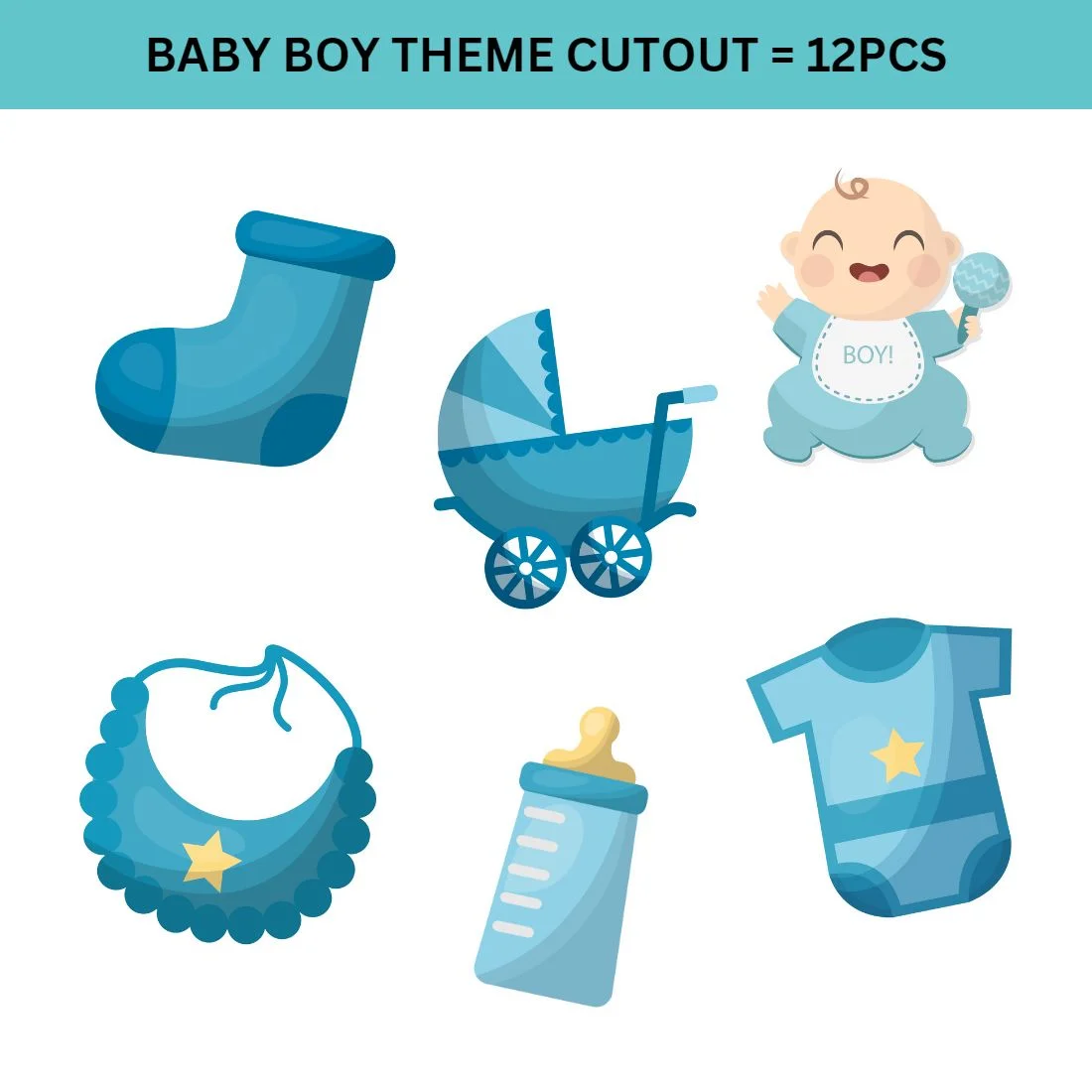 Baby Boy Theme Cutout - (6 inches/250 GSM Cardstock/Blue & Lightblue/12Pcs) - Premium Handcrafted 300 GSM Paper Cutouts by Party Decor Mall India - View 2