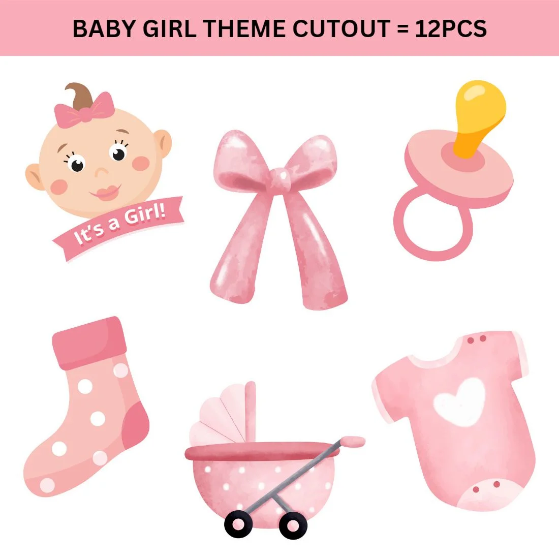 Baby Girl Theme Cutout - (6 inches/250 GSM Cardstock/Pink & Lightpink/12Pcs) - Premium Handcrafted 300 GSM Paper Cutouts by Party Decor Mall India - View 2