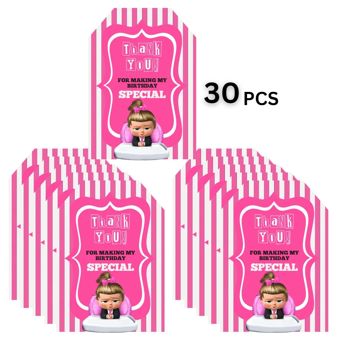 Boss Baby Girl Theme Birthday Favour Tags (2 x 3.5 inches/250 GSM Cardstock/Pink, White & Black/30Pcs) - Premium Handcrafted 300 GSM Thank You Cards by Party Decor Mall India - View 3