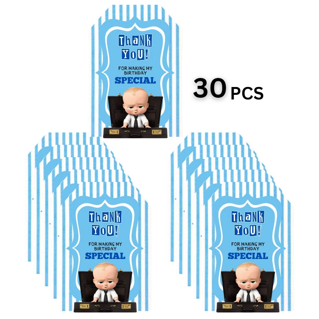 Boss Baby Boy Theme Birthday Favour Tags (2 x 3.5 inches/250 GSM Cardstock/Blue White & Black/30Pcs) - Premium Handcrafted 300 GSM Thank You Cards by Party Decor Mall India - View 3