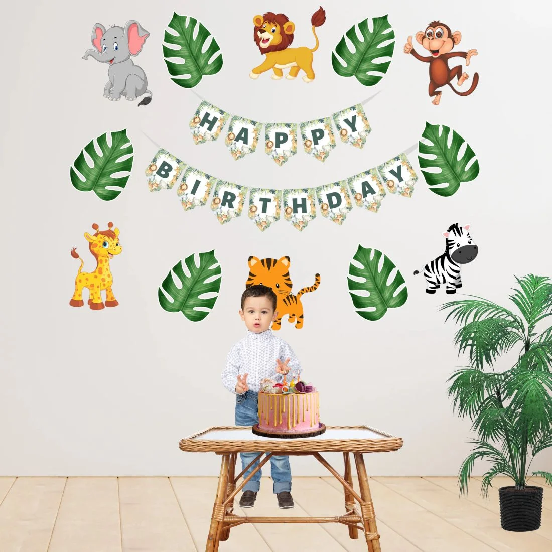 Jungle Theme Birthday Party Decorations - Banner & Cutouts (6 inches/250 GSM Cardstock/Mixcolour/25Pcs) - Premium Handcrafted 300 GSM Paper Cutouts by Party Decor Mall India - View 1