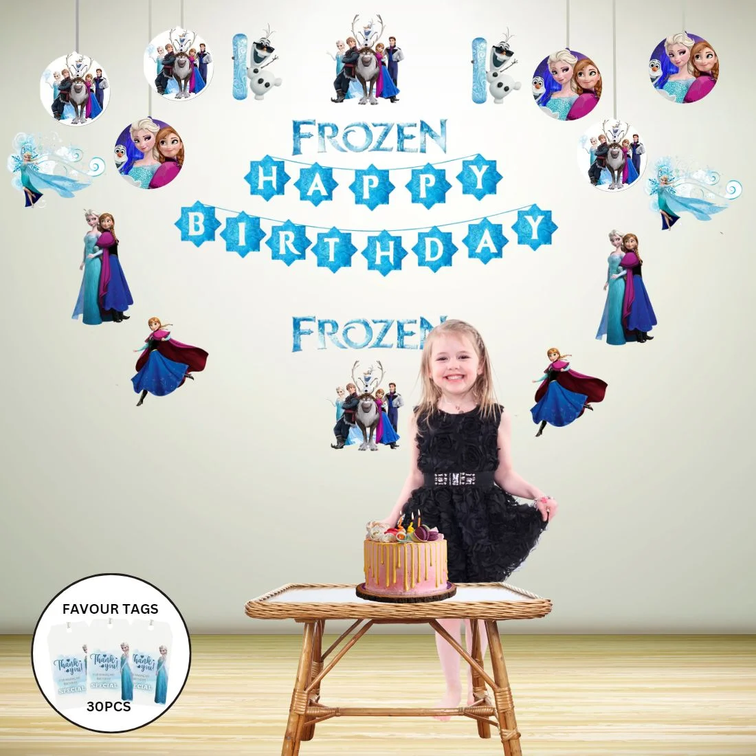 Frozen Wonderland Birthday Party Decorations - Banner, Cutouts, Favor Tags, Danglers (6 inches/250 GSM Cardstock/Mixcolour/61Pcs)