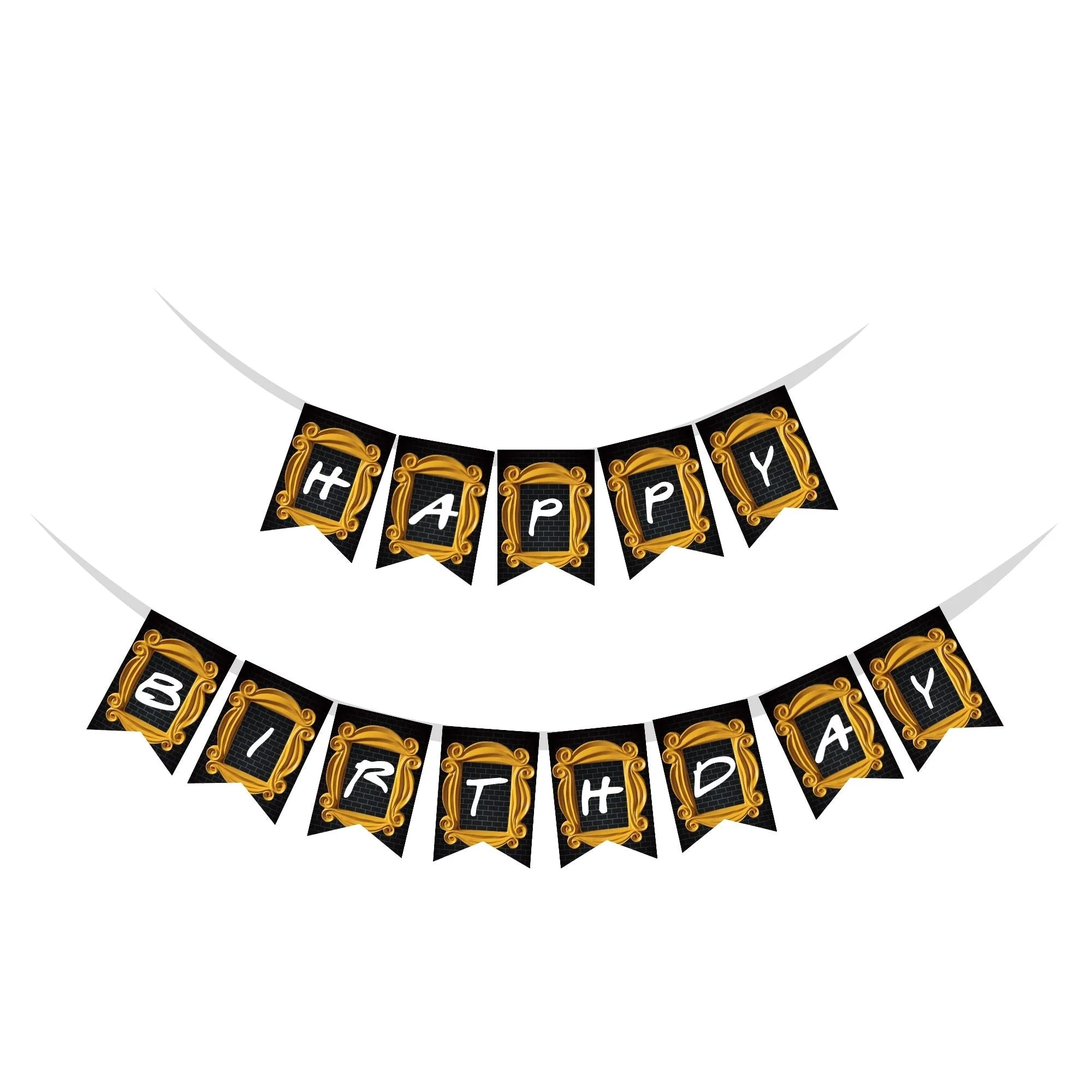 Friends Theme Happy Birthday Banner (6 Inches/250 GSM Cardstock/Black , White & Gold/13Pcs) - Premium Handcrafted 300 GSM Balloons & Decor by Party Decor Mall India - View 1