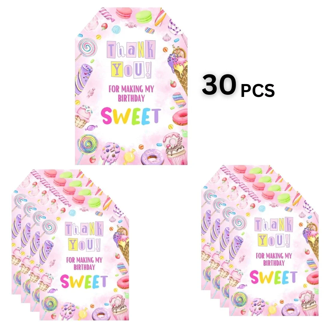 Ice Cream Theme Model 2 Birthday Favour Tags (2 x 3.5 inches/250 GSM Cardstock/Mixcolour/30Pcs) - Premium Handcrafted 300 GSM Thank You Cards by Party Decor Mall India - View 2