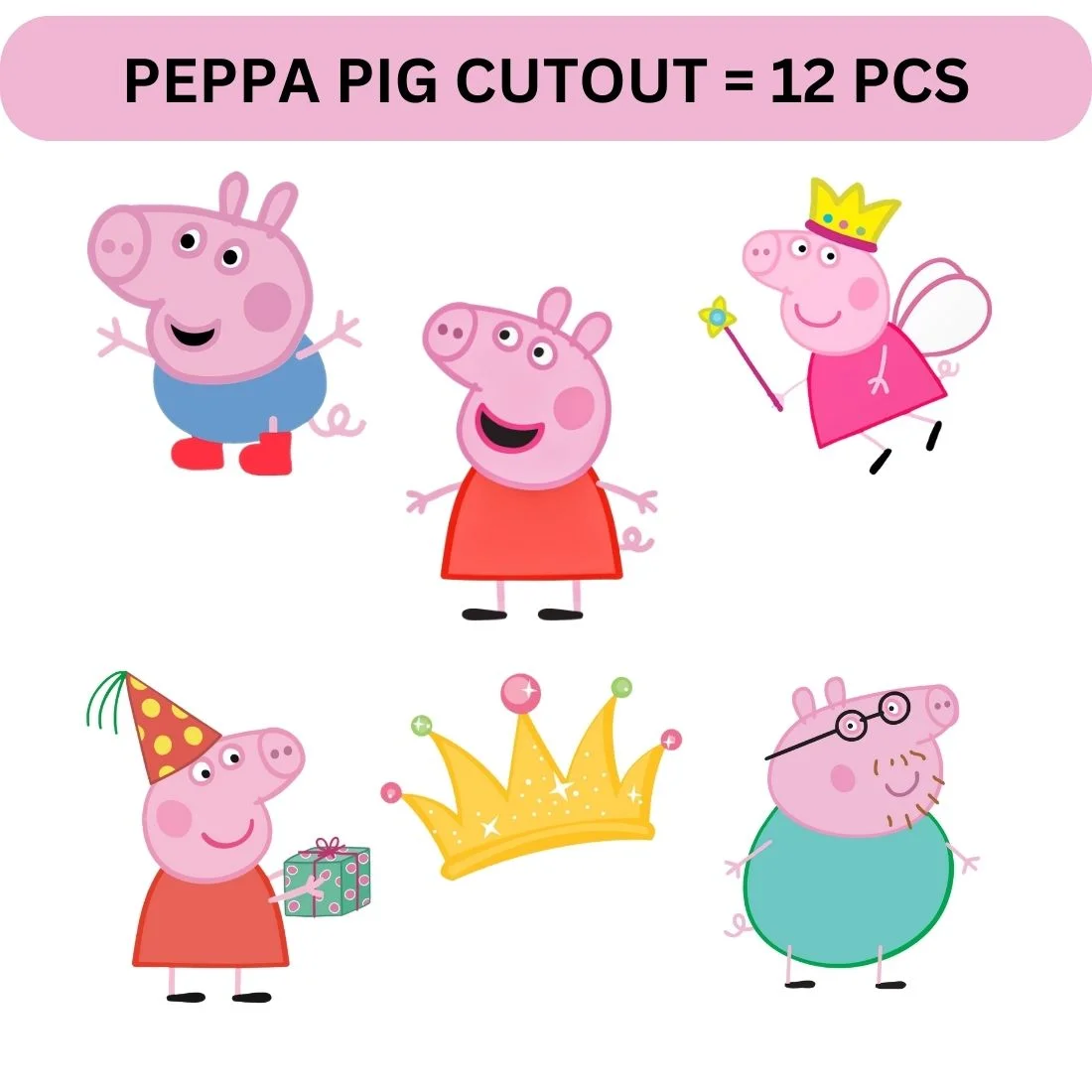 Peppa Pig Theme Birthday Cutouts (6 inches/250 GSM Cardstock/Mixcolour/12Pcs) - Premium Handcrafted 300 GSM Paper Cutouts by Party Decor Mall India - View 2
