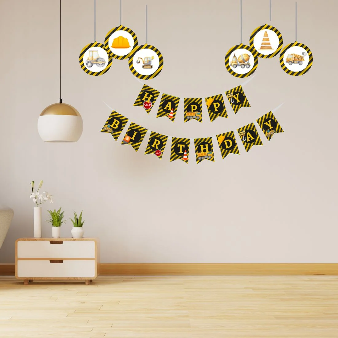 Construction Theme Birthday Party Decorations - Banner,& Dangler (6 Inches/250 GSM Cardstock/Mixcolour/19Pcs)