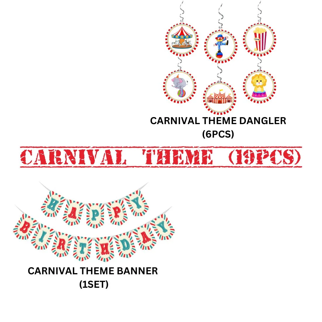 Carnival Theme Birthday Party Decorations - Banner,& Dangler (6 Inches/250 GSM Cardstock/Mixcolour/19Pcs) - Premium Handcrafted 300 GSM Door Dangler by Party Decor Mall India - View 2