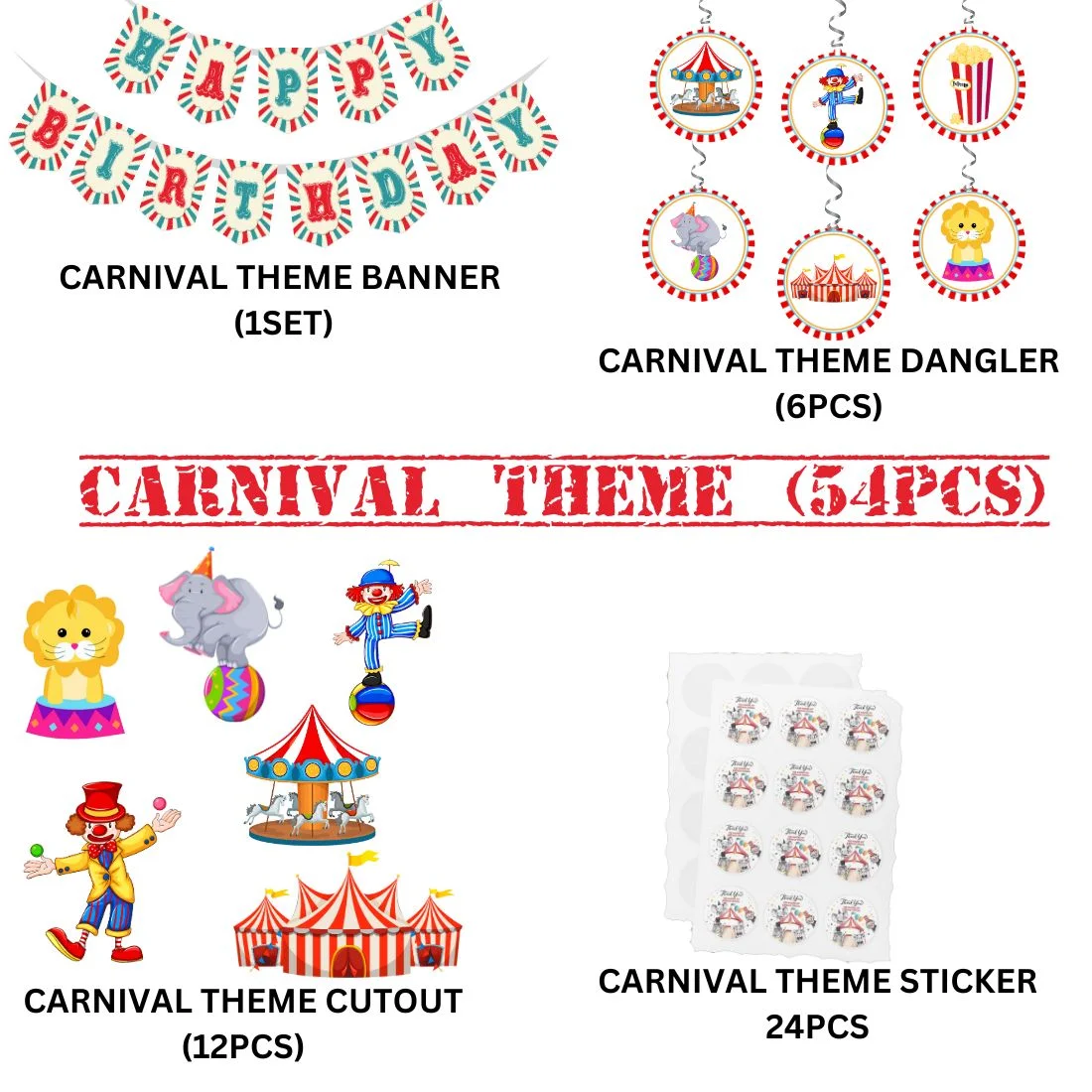Carnival Theme Birthday Party Decorations - Banner, Cutouts, Thank You Sticker, Danglers (6 inches/250 GSM Cardstock/Mixcolour/55Pcs) - Premium Handcrafted 300 GSM Return Gift Label Stickers by Party Decor Mall India - View 2