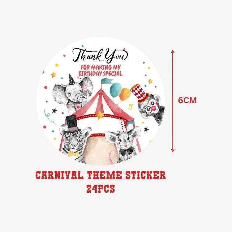 Carnival Theme Birthday Party Decorations - Banner, Cutouts, Thank You Sticker, Danglers (6 inches/250 GSM Cardstock/Mixcolour/55Pcs) - Premium Handcrafted 300 GSM Return Gift Label Stickers by Party Decor Mall India - View 8