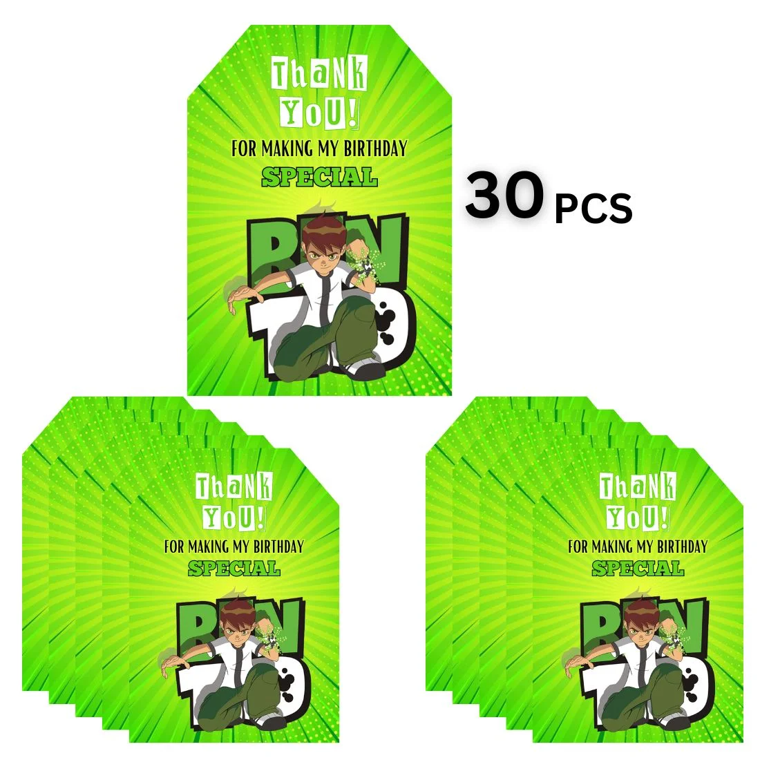 Ben10 Theme Birthday Favour Tags (2 x 3.5 inches/250 GSM Cardstock/Mixcolour/30Pcs) - Premium Handcrafted 300 GSM Thank You Cards by Party Decor Mall India - View 3