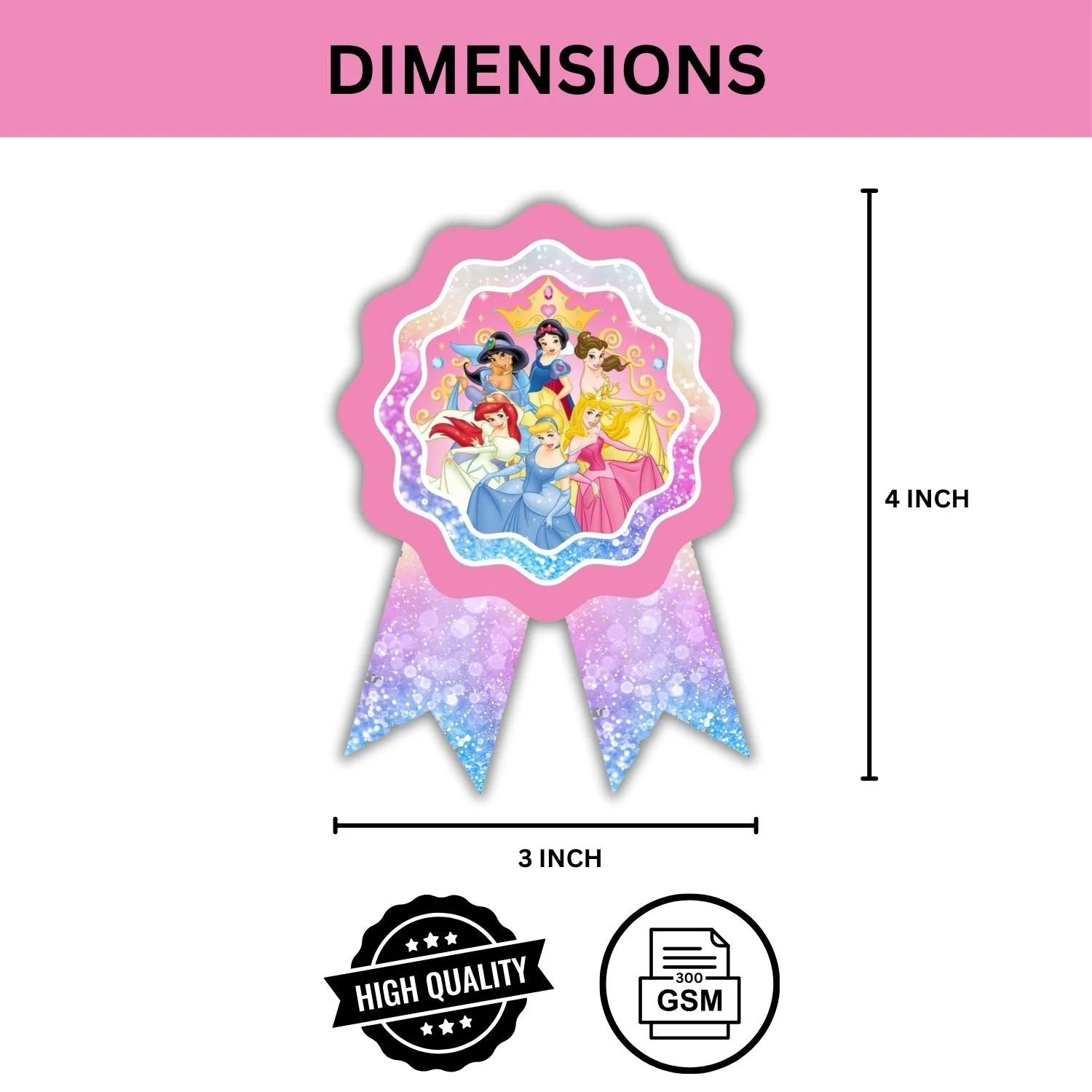 Disney Princess Theme Birthday Badges for Kids – 4x3 Inch 250gsm Cardstock with Pin | PartyDecor Mall (Princess) - Premium Handcrafted 300 GSM Theme Badges by Party Decor Mall India - View 3