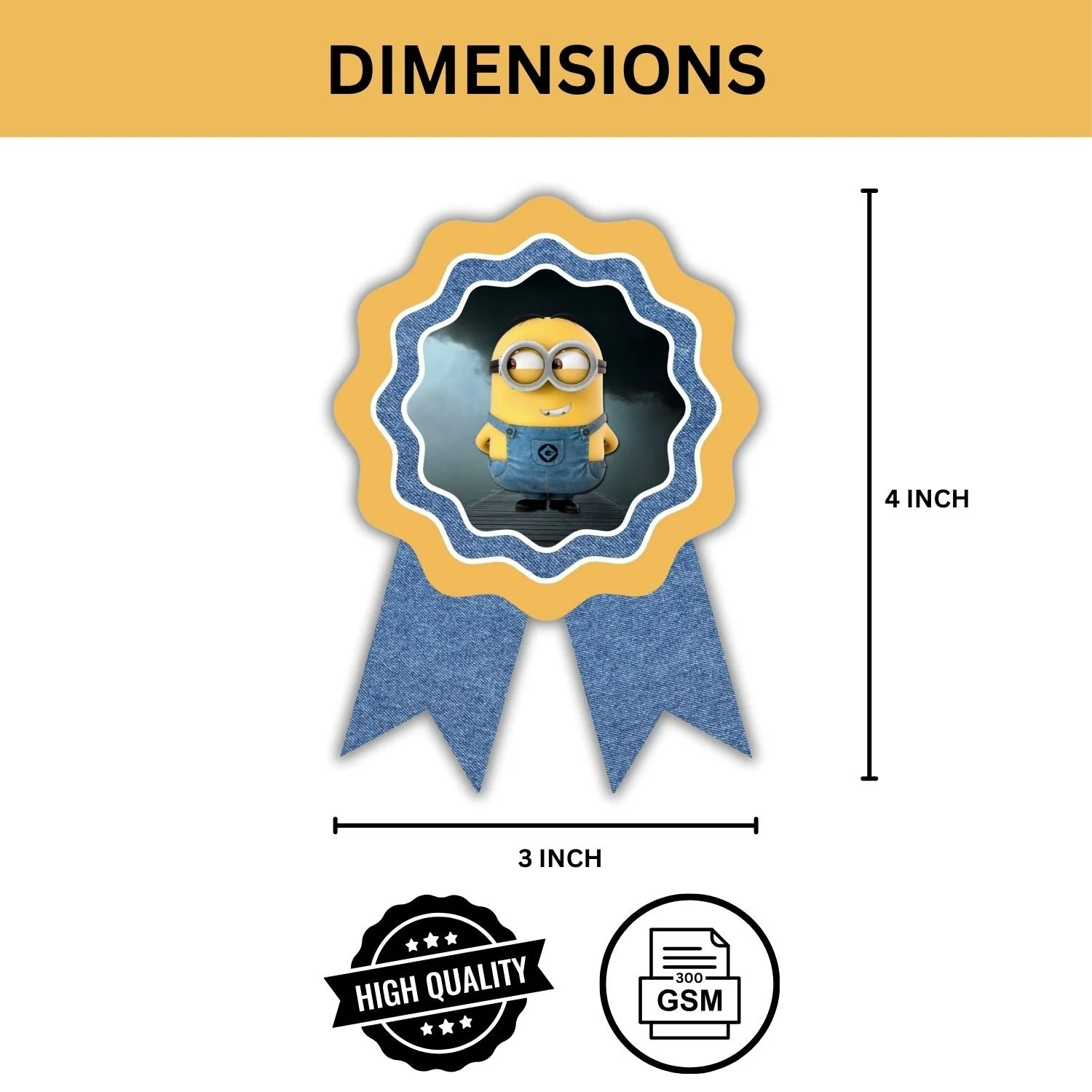 Minion Theme Birthday Badges for Kids – 4x3 Inch 250gsm Cardstock with Pin | PartyDecor Mall (Minion) - Premium Handcrafted 300 GSM Theme Badges by Party Decor Mall India - View 3
