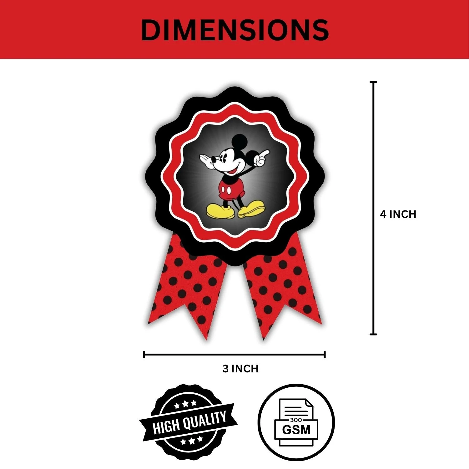 Mickey Mouse Theme Birthday Badges for Kids – 4x3 Inch 250gsm Cardstock with Pin | PartyDecor Mall (Mickey Mouse) - Premium Handcrafted 300 GSM Theme Badges by Party Decor Mall India - View 3
