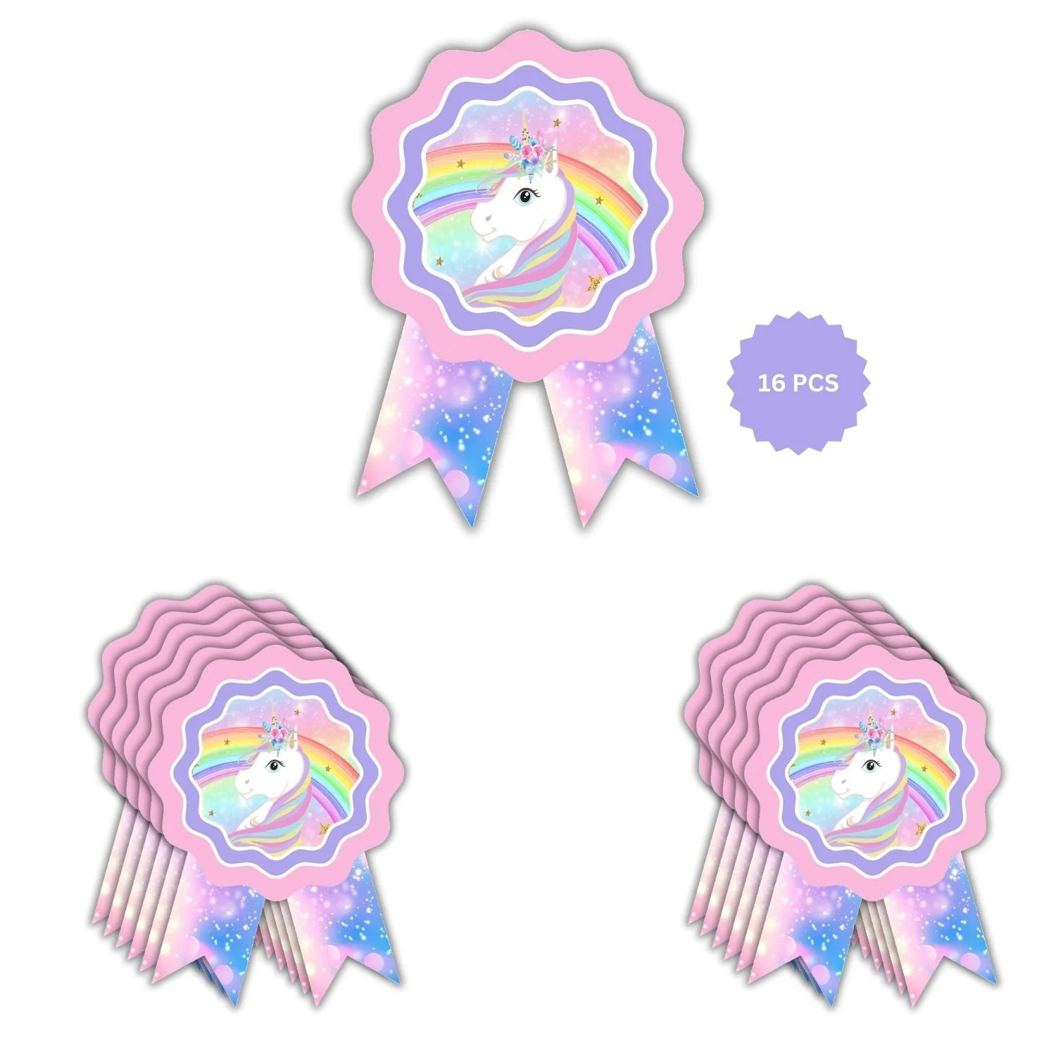 Unicorn Theme Birthday Badges for Kids – 4x3 Inch 250gsm Cardstock with Pin | PartyDecor Mall (Unicorn) - Premium Handcrafted 300 GSM Theme Badges by Party Decor Mall India - View 4