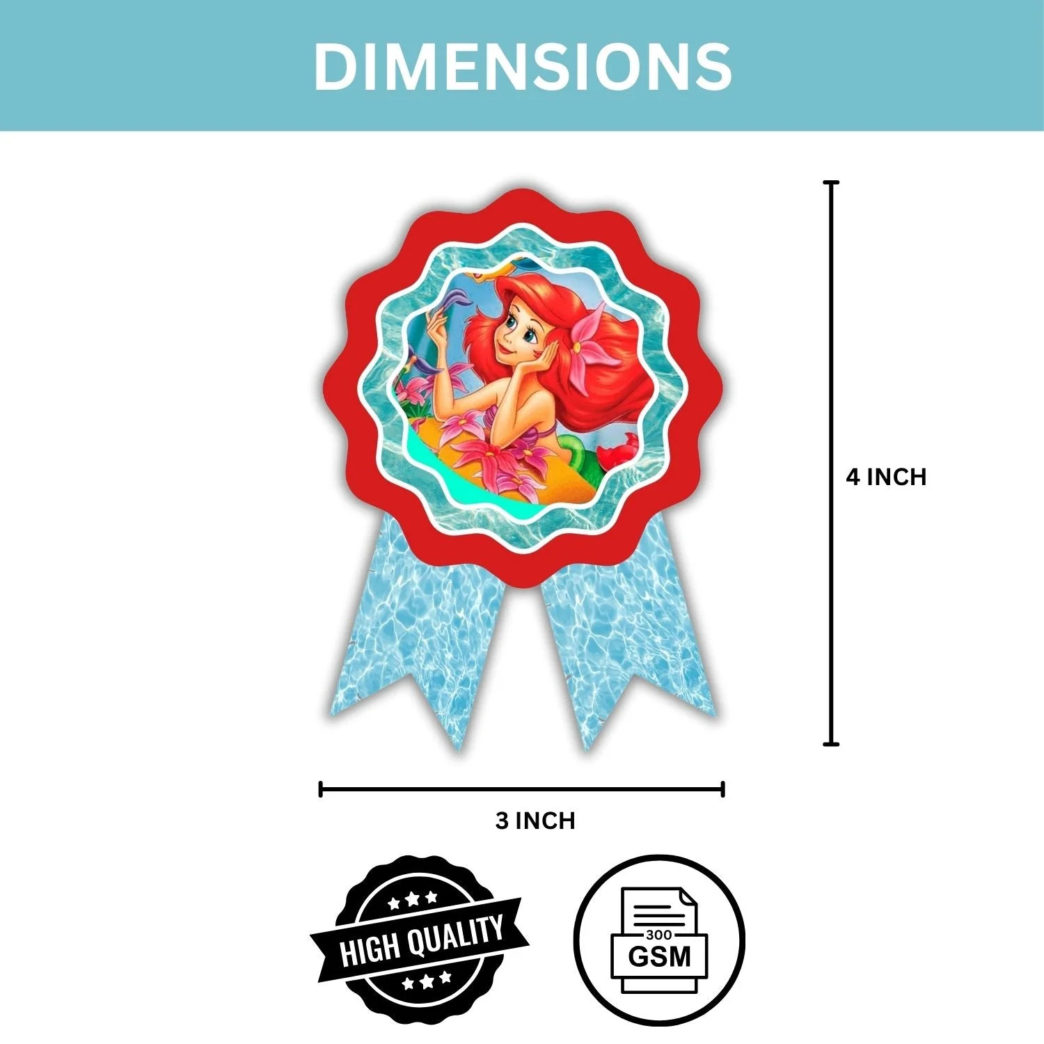 Mermaid Theme Birthday Badges for Kids – 4x3 Inch 250gsm Cardstock with Pin | PartyDecor Mall (Mermaid) - Premium Handcrafted 300 GSM Theme Badges by Party Decor Mall India - View 3