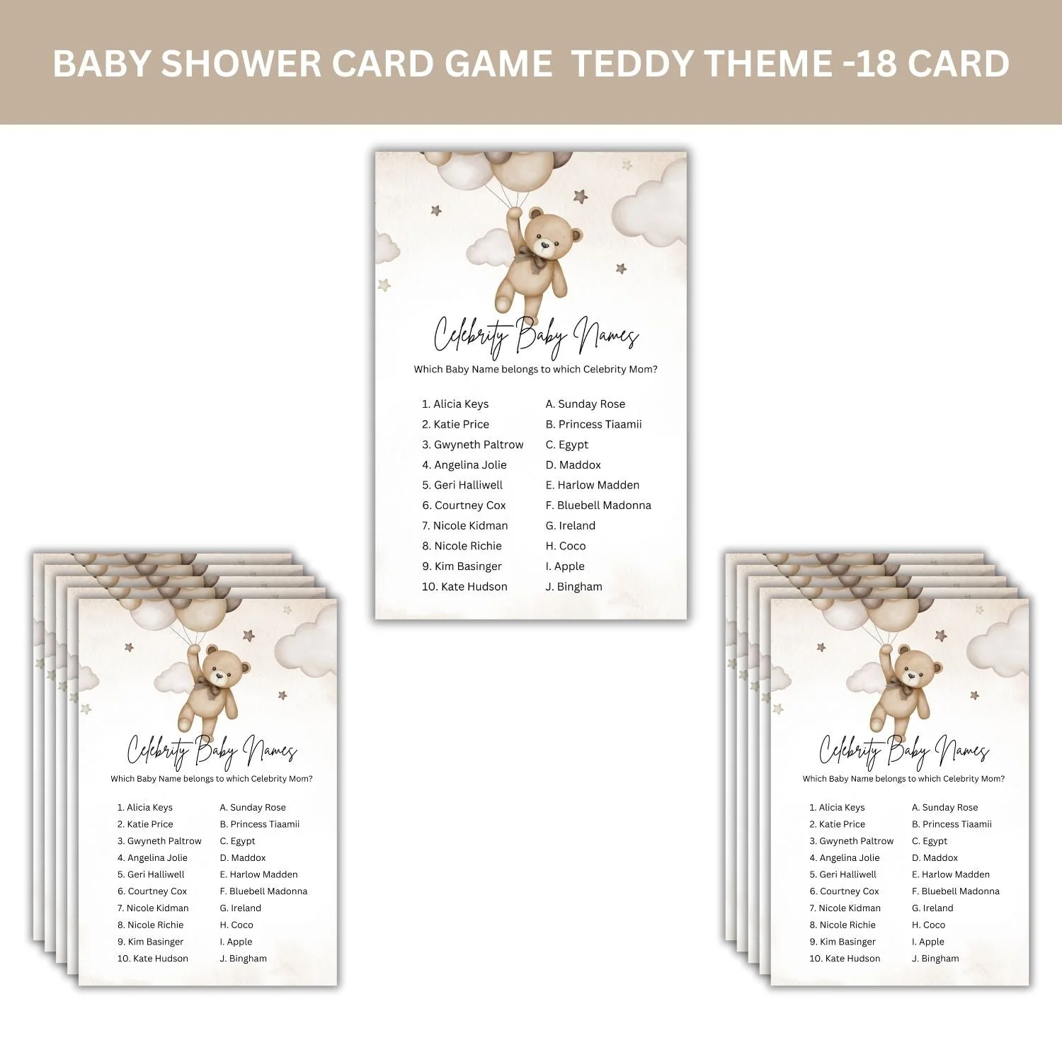 Celebrity Baby Names Baby Shower Games Card Pack - 18 High-Quality 300gsm Cards for Fun & Exciting Celebration - Premium Handcrafted 300 GSM Card Games by Party Decor Mall India - View 3