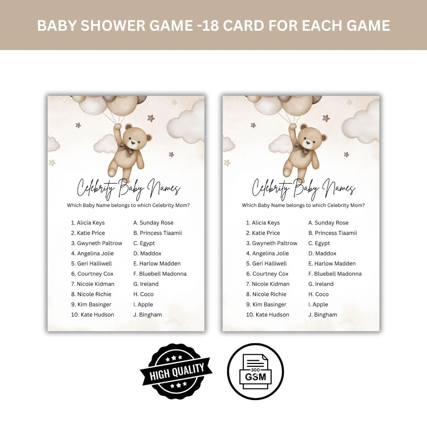 Celebrity Baby Names Baby Shower Games Card Pack - 18 High-Quality 300gsm Cards for Fun & Exciting Celebration - Premium Handcrafted 300 GSM Card Games by Party Decor Mall India - View 4
