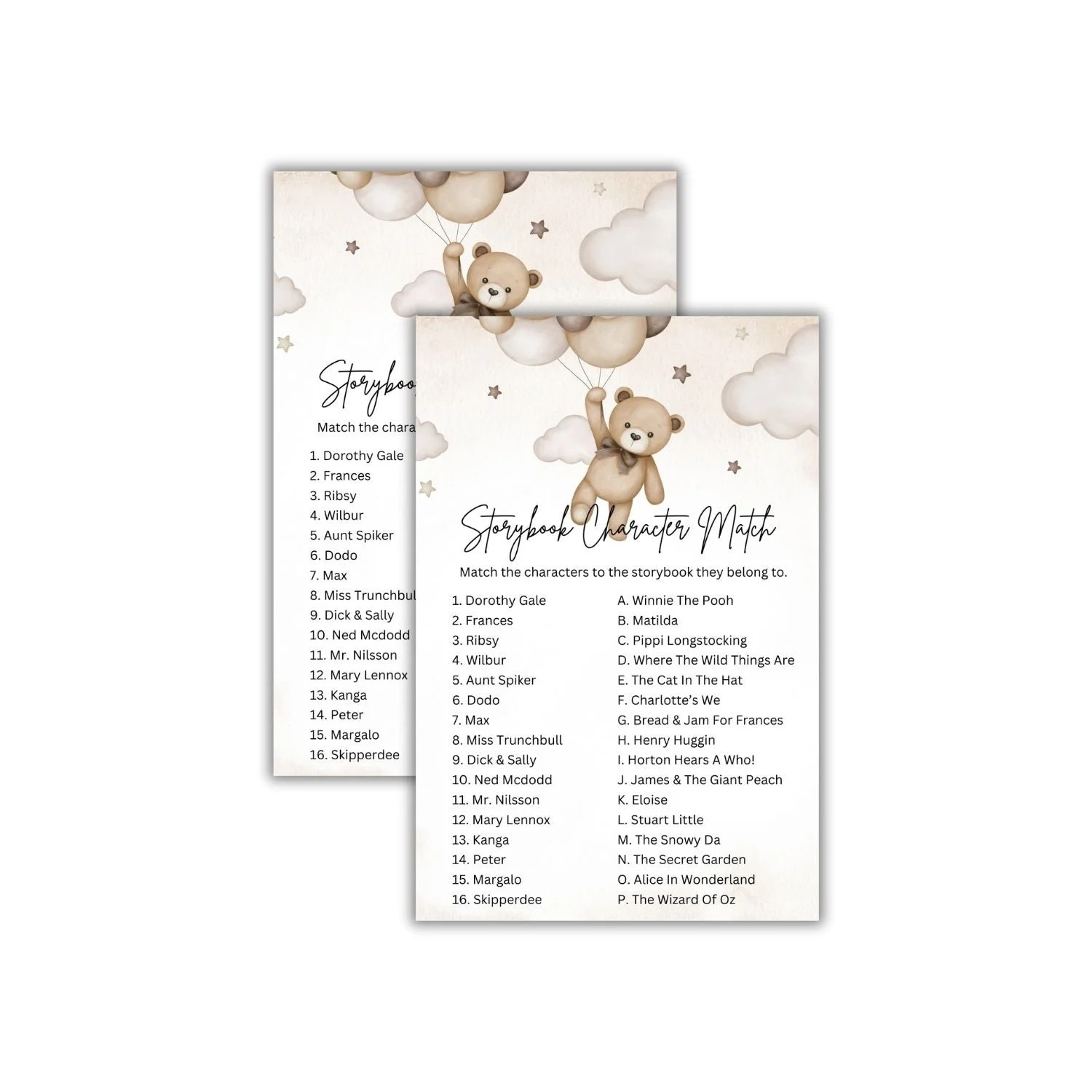 Storybook Character Match Baby Shower Games Card Pack - 18 High-Quality 300gsm Cards for Fun & Exciting Celebration