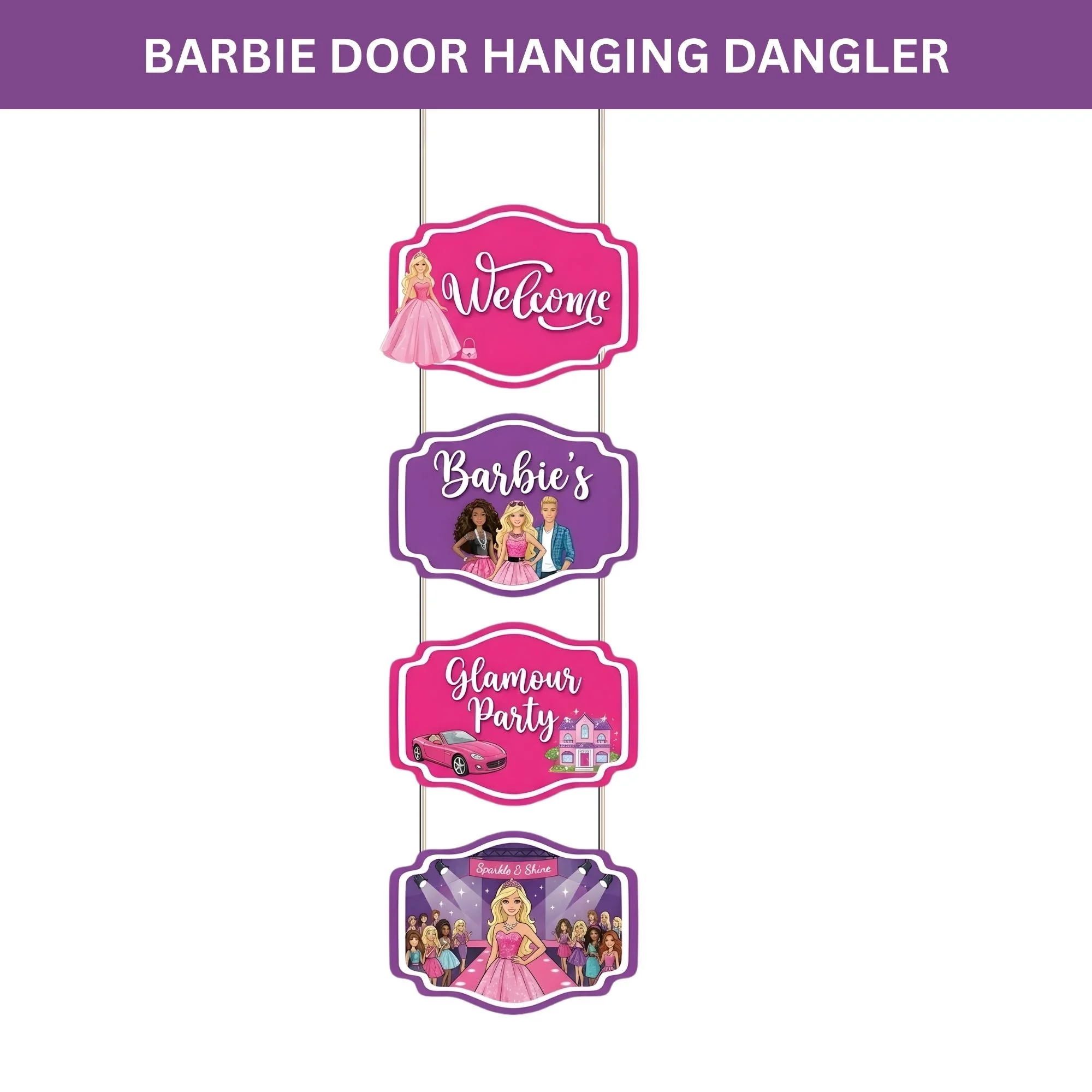 Barbie Door/Wall Hanging Dangler- (42 Inches/250 GSM Cardstock/Pink & Purple/6Pcs) - Premium Handcrafted 300 GSM Door Dangler by Party Decor Mall India - View 2