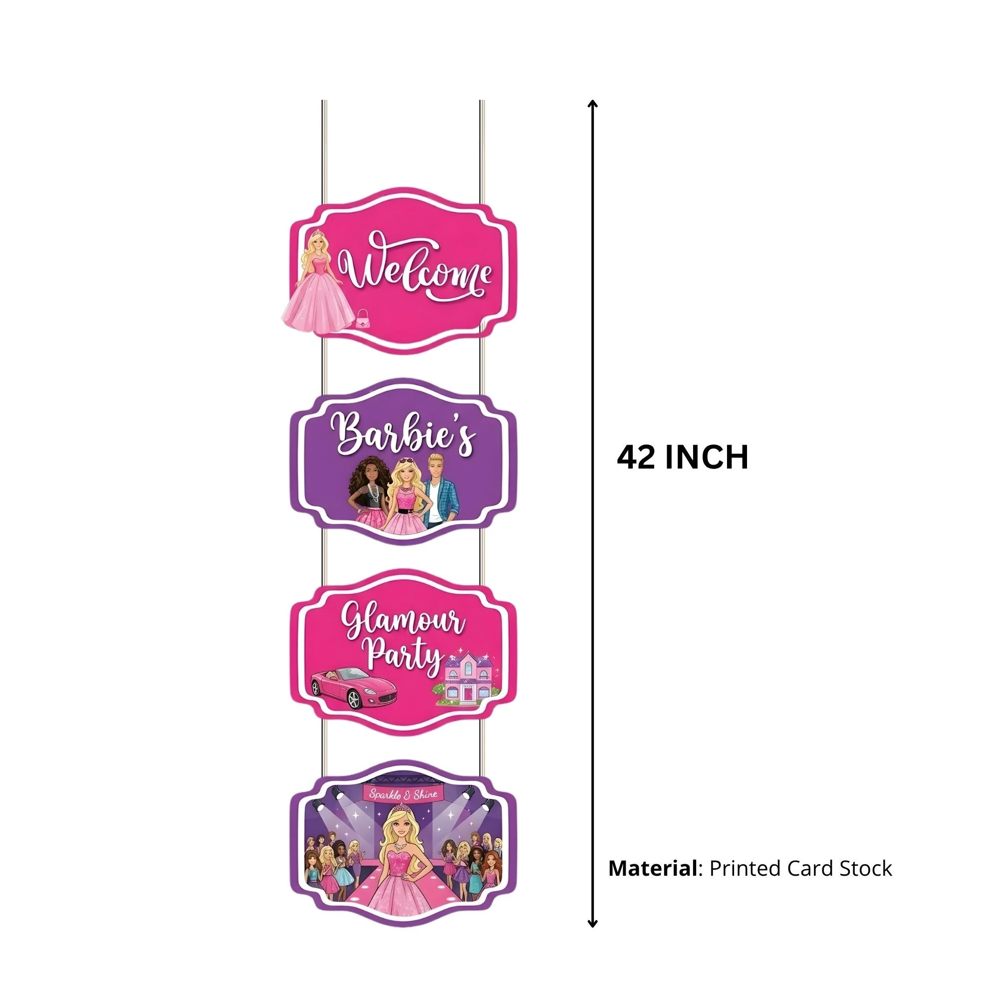 Barbie Door/Wall Hanging Dangler- (42 Inches/250 GSM Cardstock/Pink & Purple/6Pcs) - Premium Handcrafted 300 GSM Door Dangler by Party Decor Mall India - View 3