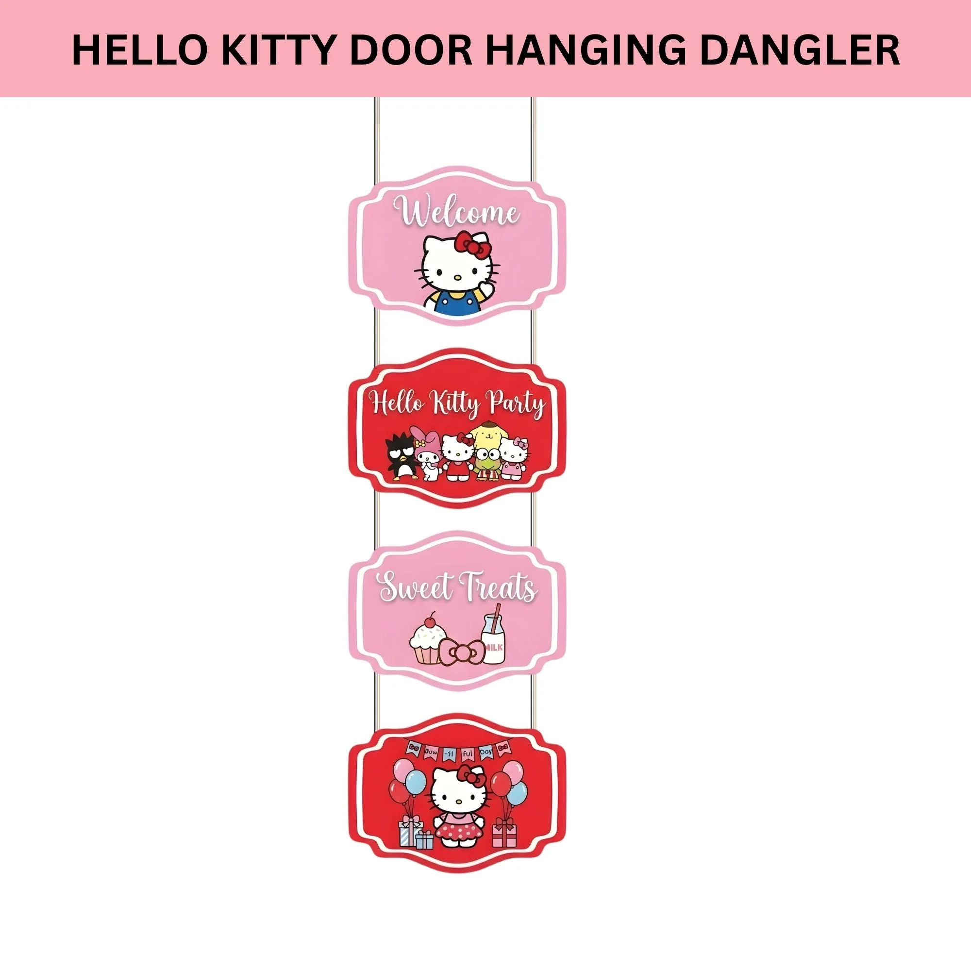 Hello Kitty Door/Wall Hanging Dangler- (42 Inches/250 GSM Cardstock/Pink & Red/6Pcs) - Premium Handcrafted 300 GSM Door Dangler by Party Decor Mall India - View 2