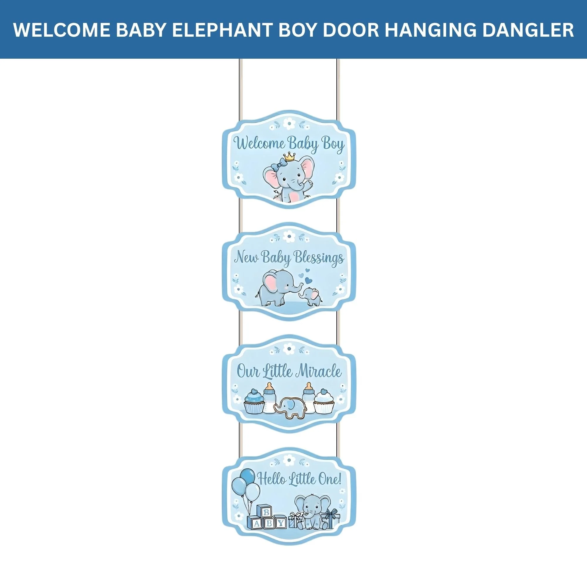 Welcome Baby Elephant Boy Door/Wall Hanging Dangler- (42 Inches/250 GSM Cardstock/Blue & White/6Pcs) - Premium Handcrafted 300 GSM Door Dangler by Party Decor Mall India - View 3