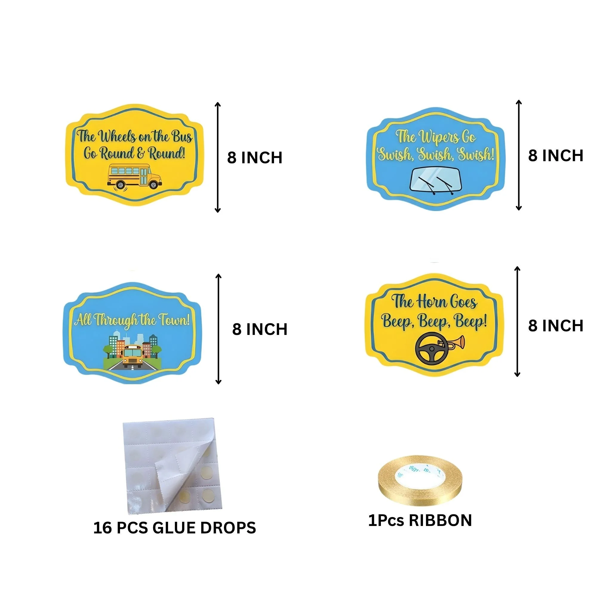 Wheel On The Bus Door/Wall Hanging Dangler- (42 Inches/250 GSM Cardstock/Yellow & Blue/6Pcs) - Premium Handcrafted 300 GSM Door Dangler by Party Decor Mall India - View 4