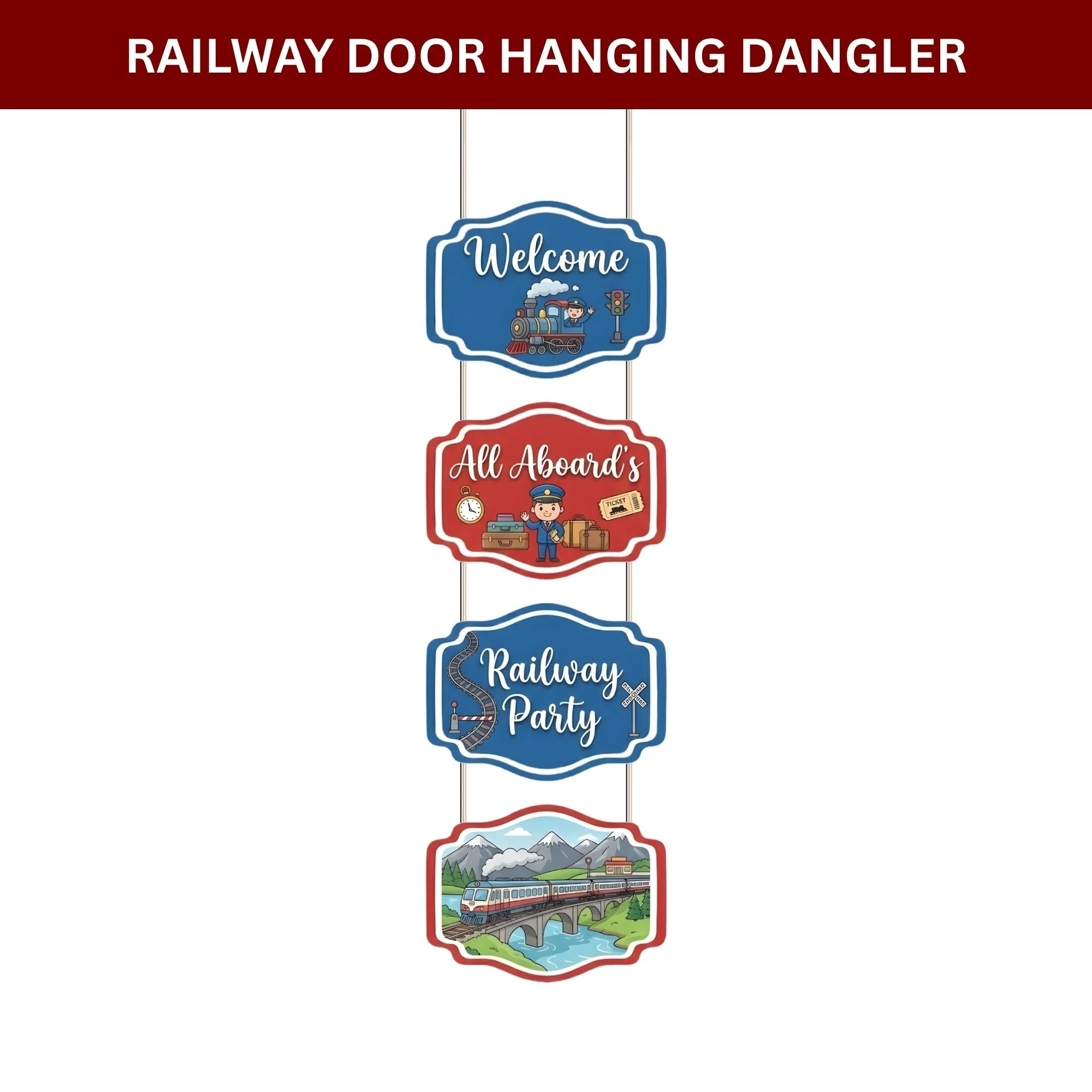Railway Door/Wall Hanging Dangler- (42 Inches/250 GSM Cardstock/Red & Blue/6Pcs) - Premium Handcrafted 300 GSM Door Dangler by Party Decor Mall India - View 2