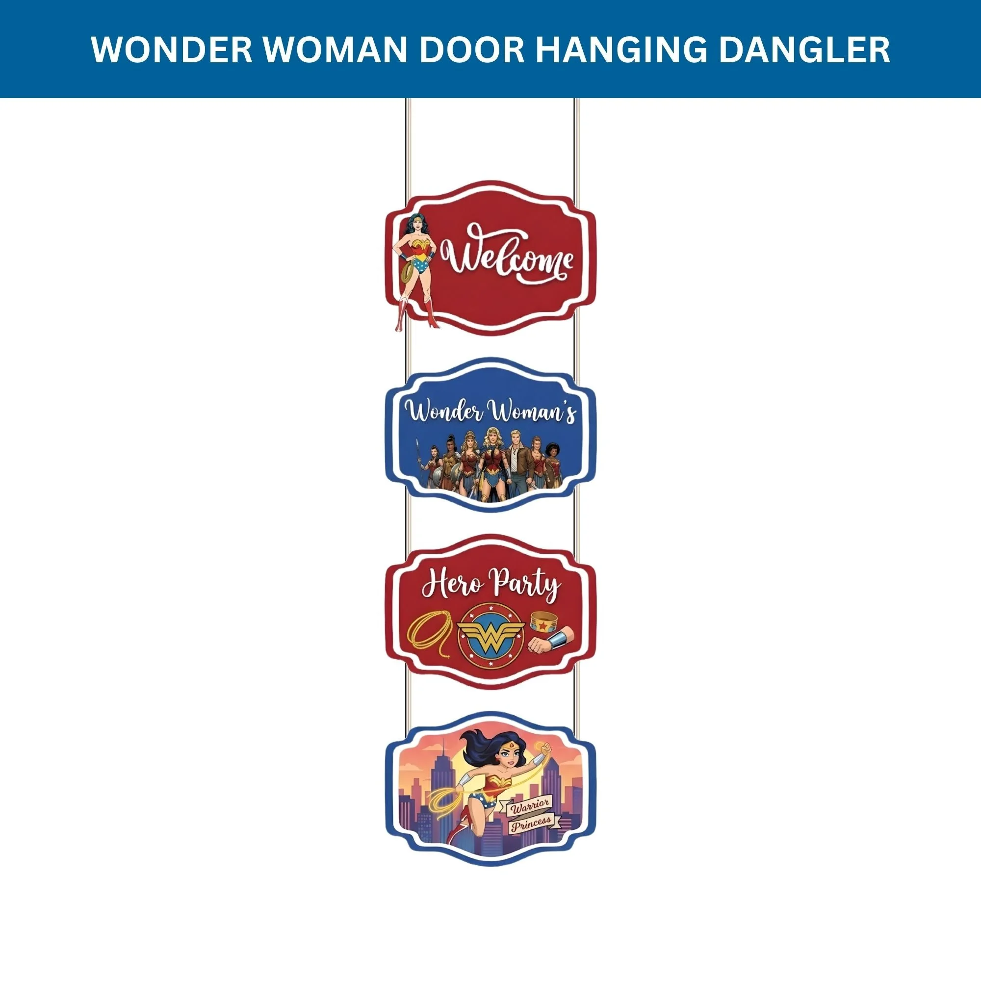 Wonder Woman Door/Wall Hanging Dangler- (42 Inches/250 GSM Cardstock/Red & Blue/6Pcs) - Premium Handcrafted 300 GSM Door Dangler by Party Decor Mall India - View 2
