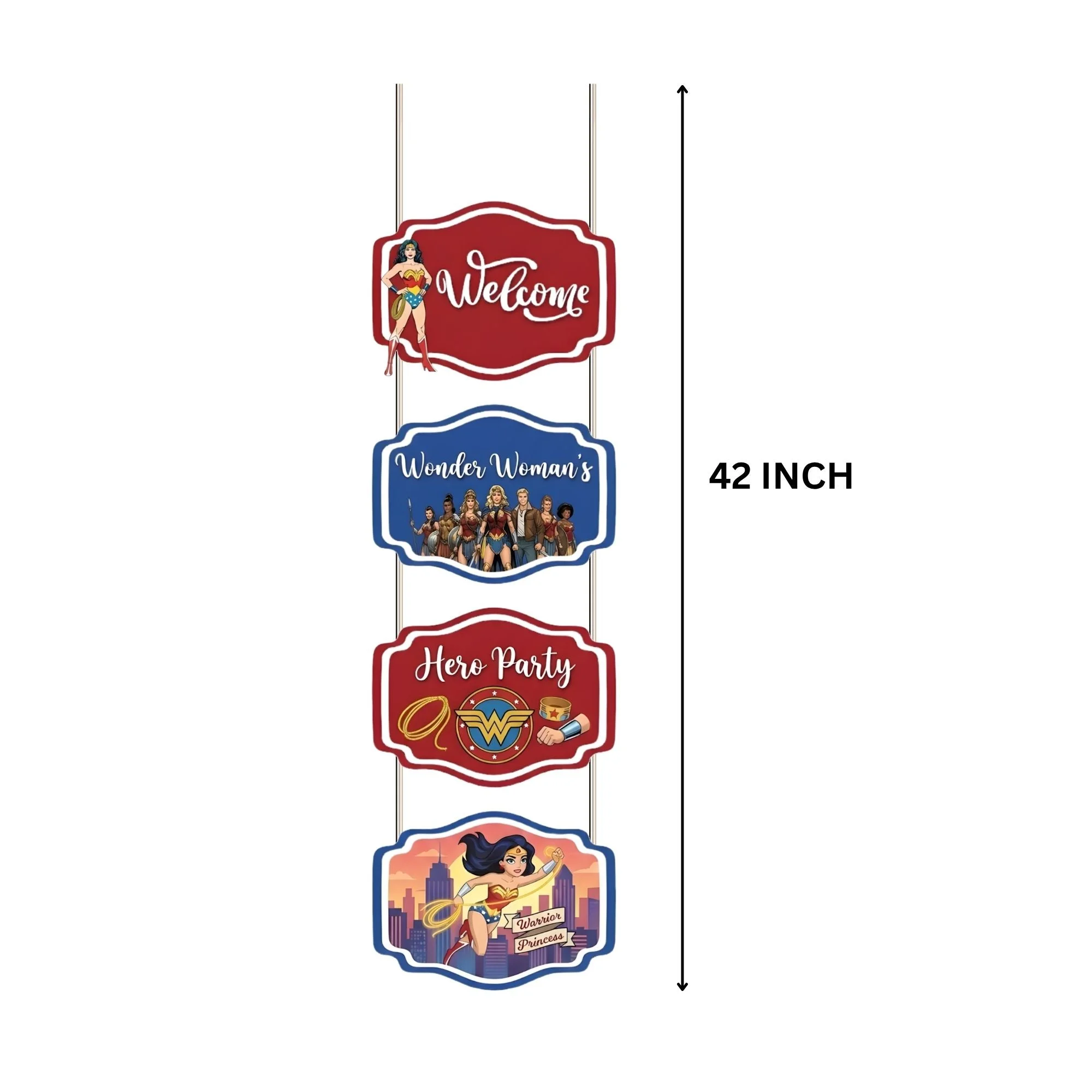 Wonder Woman Door/Wall Hanging Dangler- (42 Inches/250 GSM Cardstock/Red & Blue/6Pcs) - Premium Handcrafted 300 GSM Door Dangler by Party Decor Mall India - View 3